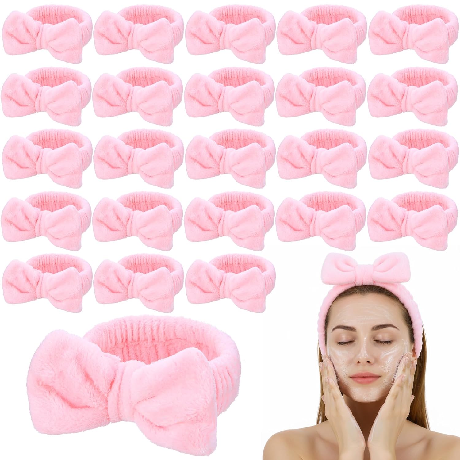 Kifmurase 25Pcs Spa Headbands, Makeup Headbands, Bow Tie Hair Band, Pink Skincare Headband for Washing Face, Cosmetic Facial Sports Yoga Elastic Headband