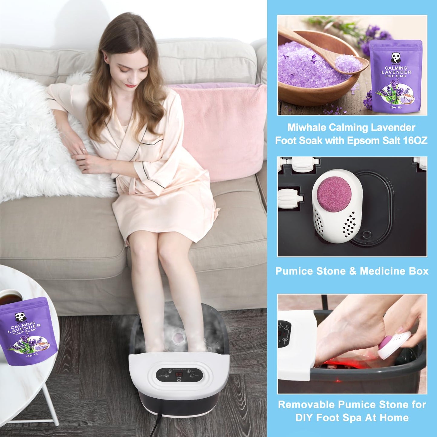 Foot Spa Bath Massager with Heat Bubbles and Vibration Massage and Jets, 16 OZ Calming Lavender Foot Soak Epsom Salt, Foot Soaker with Red Light, 22 Massage Rollers, Adjustable Temp - Black