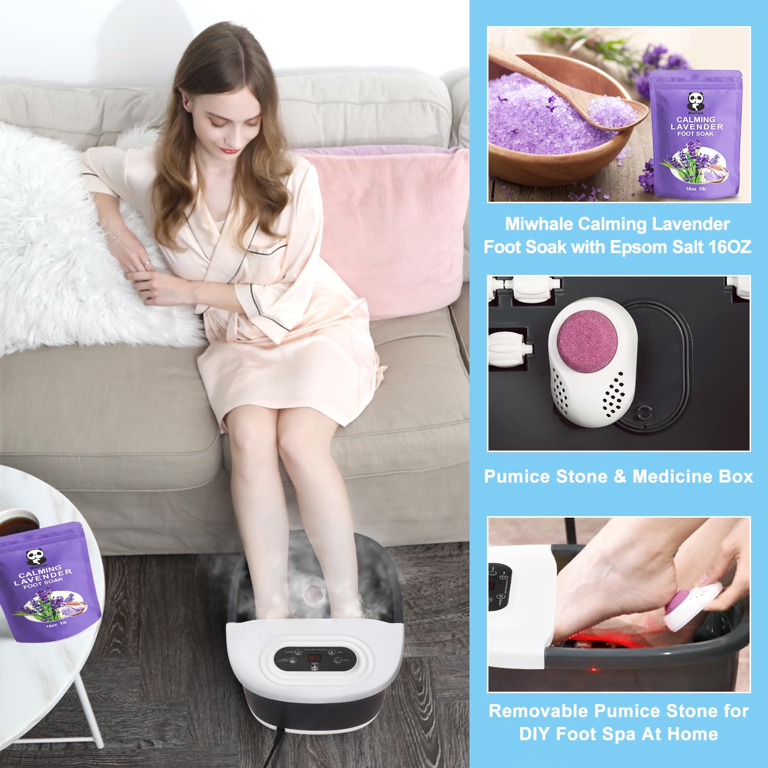 Foot Spa Bath Massager with Heat Bubbles and Vibration Massage and Jets, 16 OZ Calming Lavender Foot Soak Epsom Salt, Foot Soaker with Red Light, 22 Massage Rollers, Adjustable Temp - Black