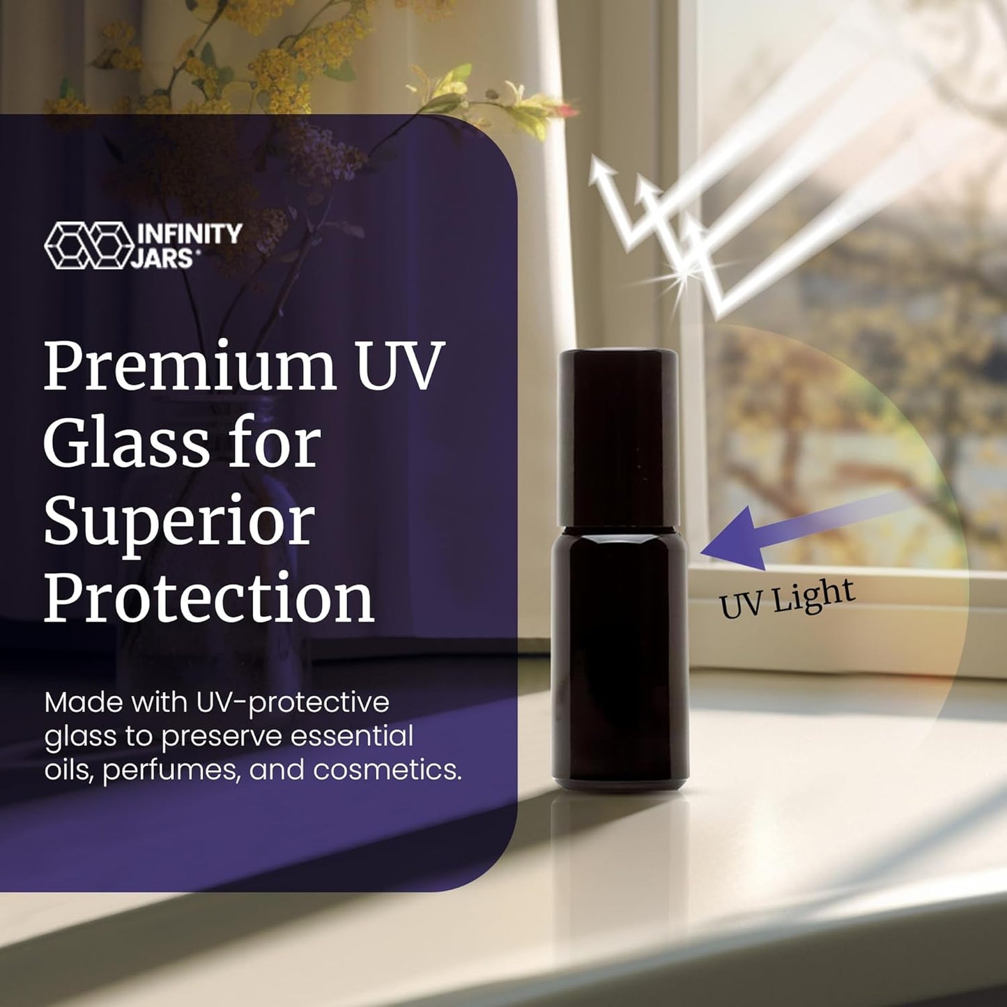Infinity Jars Black Ultraviolet Glass Bottle 10 Ml (.34 fl OZ) w/Glass Ball Roll on Tip Screw top Bottle for Essential oil, Airtight Cosmetic Containers Roller Bottles with Black Cap 3-Pack