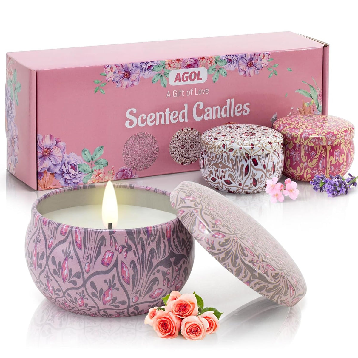 Candles Gifts for Women 3 Pack 2.5 oz Natural Floral Lavender Cherry and Rose Candles Set, Aromatherapy Candles for Home