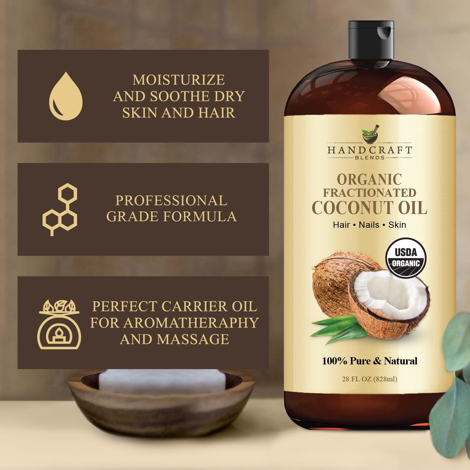 Handcraft Blends Organic Fractionated Coconut Oil | 100% Pure and Natural | Bath & Body Oil | Premium Grade Carrier Oil | Skin | Hair | Body | Massage | Hexane-Free | 28 Fl Oz