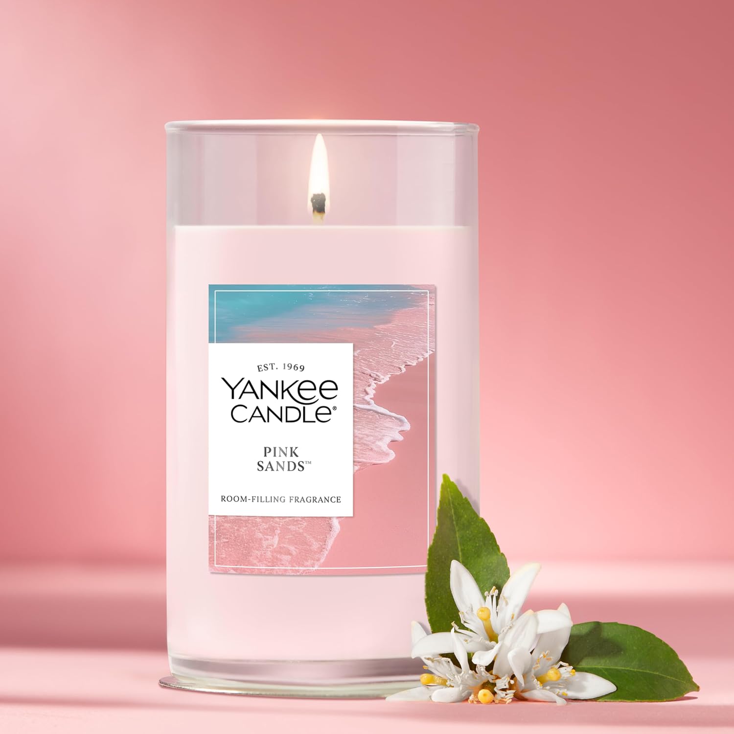 Yankee Candle Medium Pillar Scented Candle with up to 115 Hour Burn Time, Premium Plant Wax Blend for Consistent Burn, 14.25 oz Pillar Candle with Room Filling Fragrance, Pink Sands