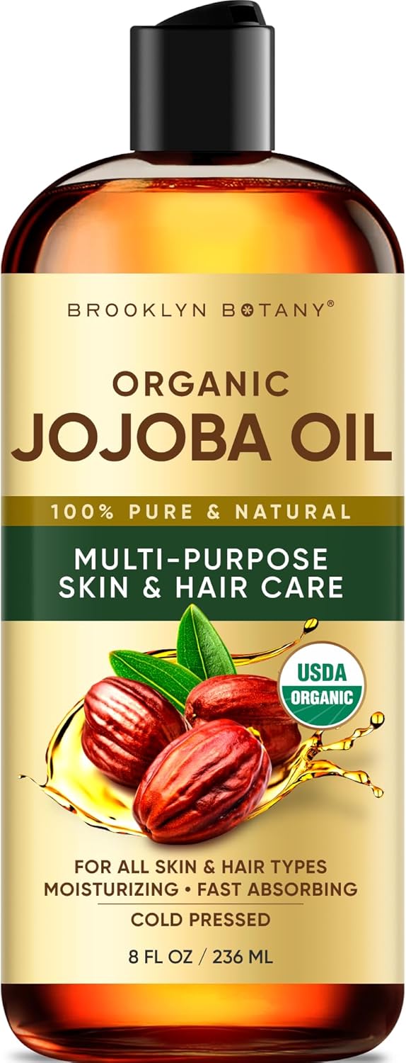 Brooklyn Botany Cold-Pressed Organic Jojoba Oil | for Skin, Hair and Face | 8 Fl Oz | 100% Pure and Natural | Carrier Oil for Essential Oils, Aromatherapy and Massage | Hexane Free