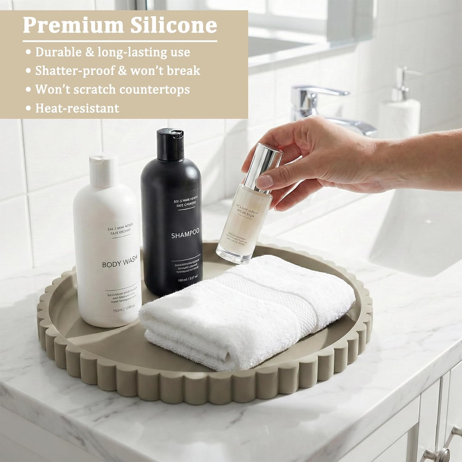 Silicone Bathroom Vanity Tray, Modern Round Decorative Tray for Countertop, Waterproof & Unbreakable Cosmetic Perfume Organizer, Extra-Thick & Sturdy, Easy to Clean Candle Tray (9 Inch, Khaki)