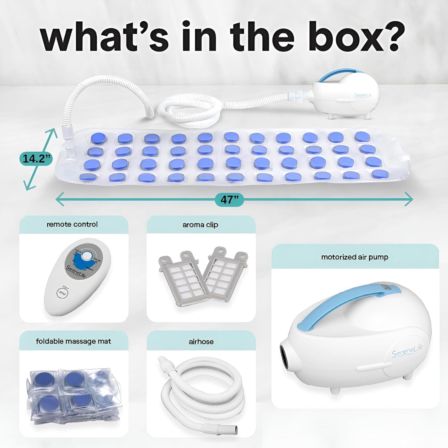 SereneLife Portable Spa Bubble Bath Massager - Waterproof Non-Slip Mat with Suction Cup Bottom, Motorized Air Pump and Adjustable Bubble Settings, Remote Control Included, 47" x 14"