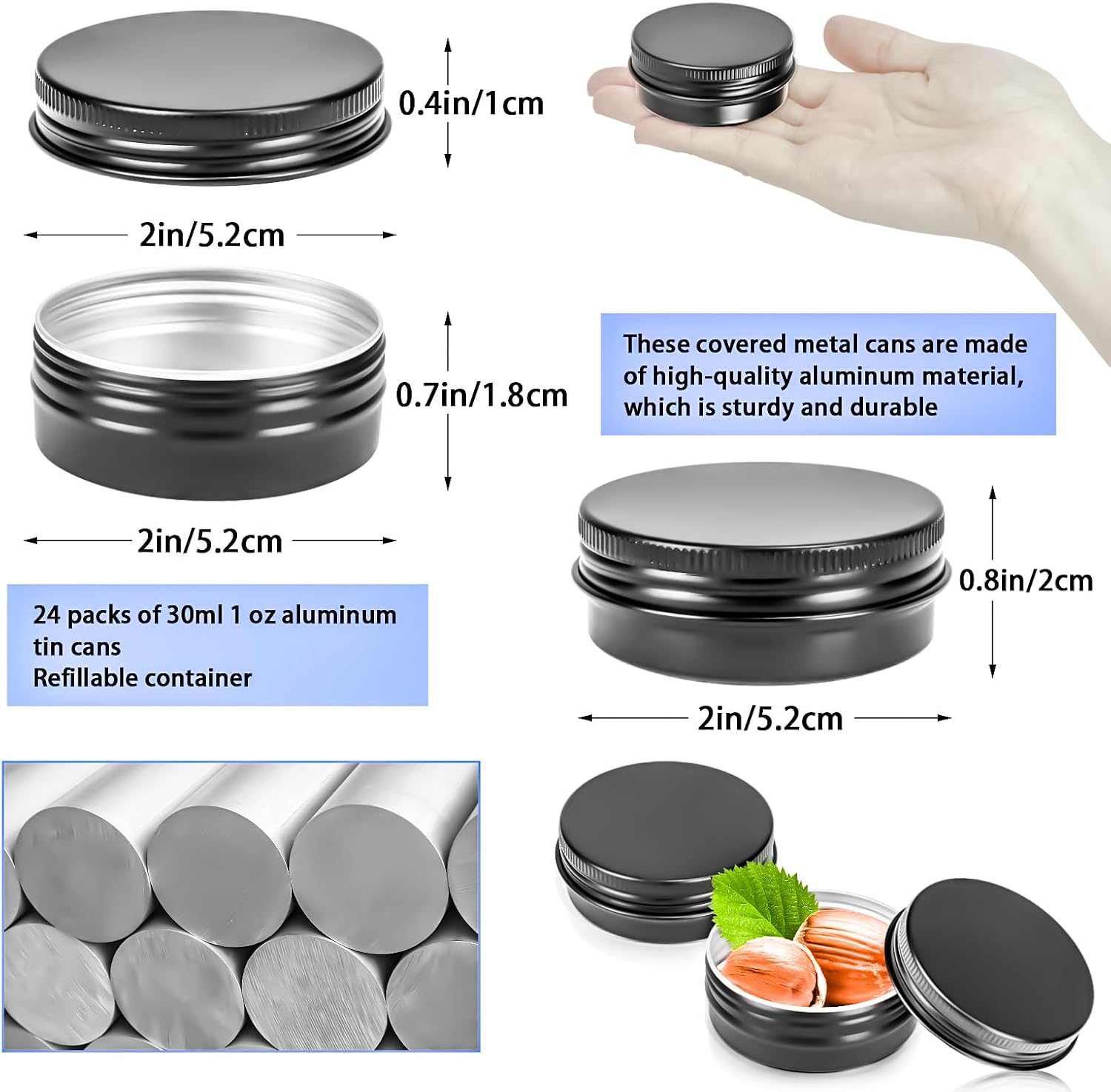 24Pack 1oz Tin Jars, 30ml Metal Tin cans, 1Ounce Aluminum tin can jar Containers with Screw Lid for Lotion Bars, Toiletries, Creams, Samples, Makeup Cosmetic, Spices, Salve, Balms, Beard Balm