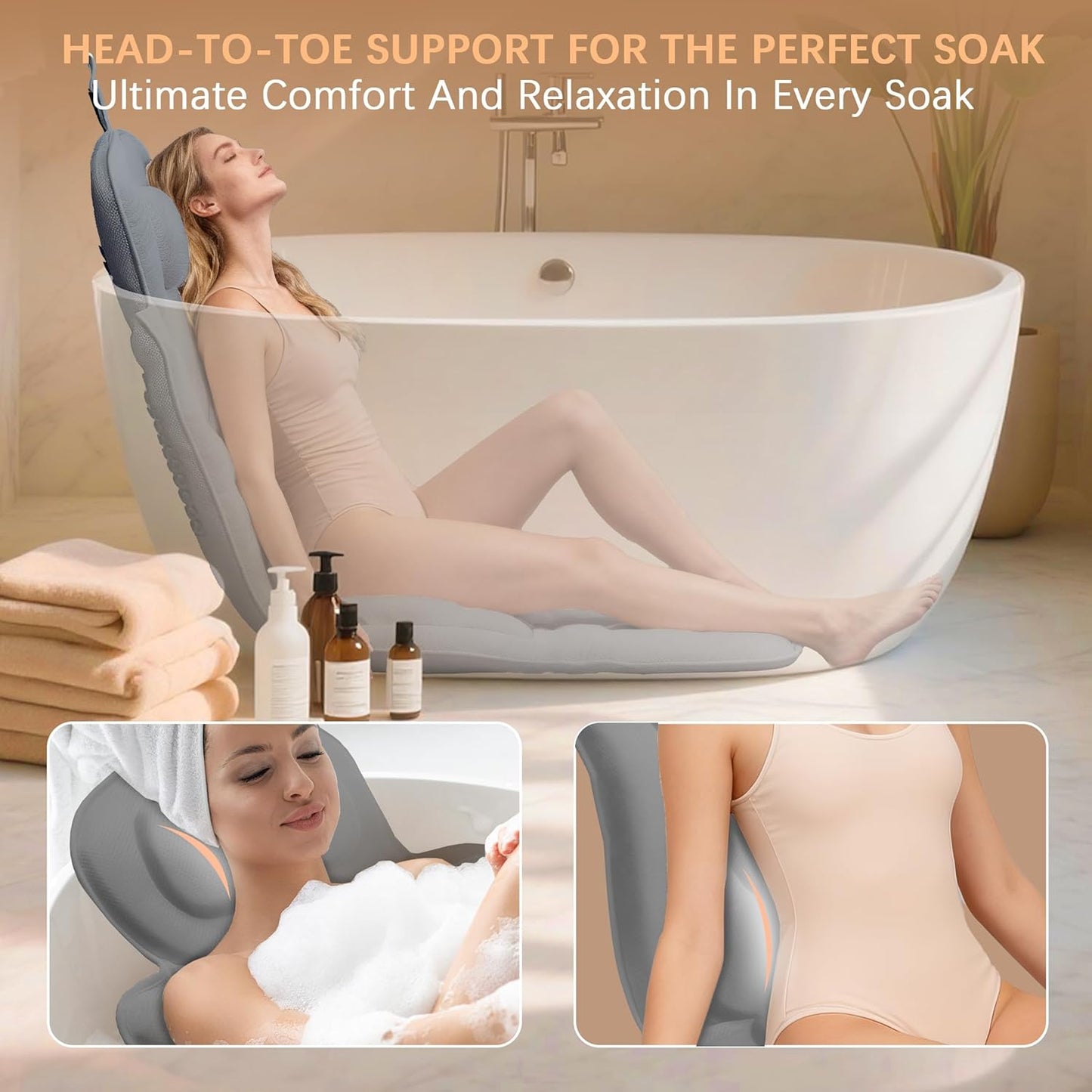 Luxury Full Body Bath Pillow for Bathtub, Extra Long & Wide 3.7" Ultra-Thick Ergonomic Spa Cushion, 5D Air Mesh Tub Pillow with 114 Suction Cups, Washable with Laundry Bag & Hook, 59 x 20 in