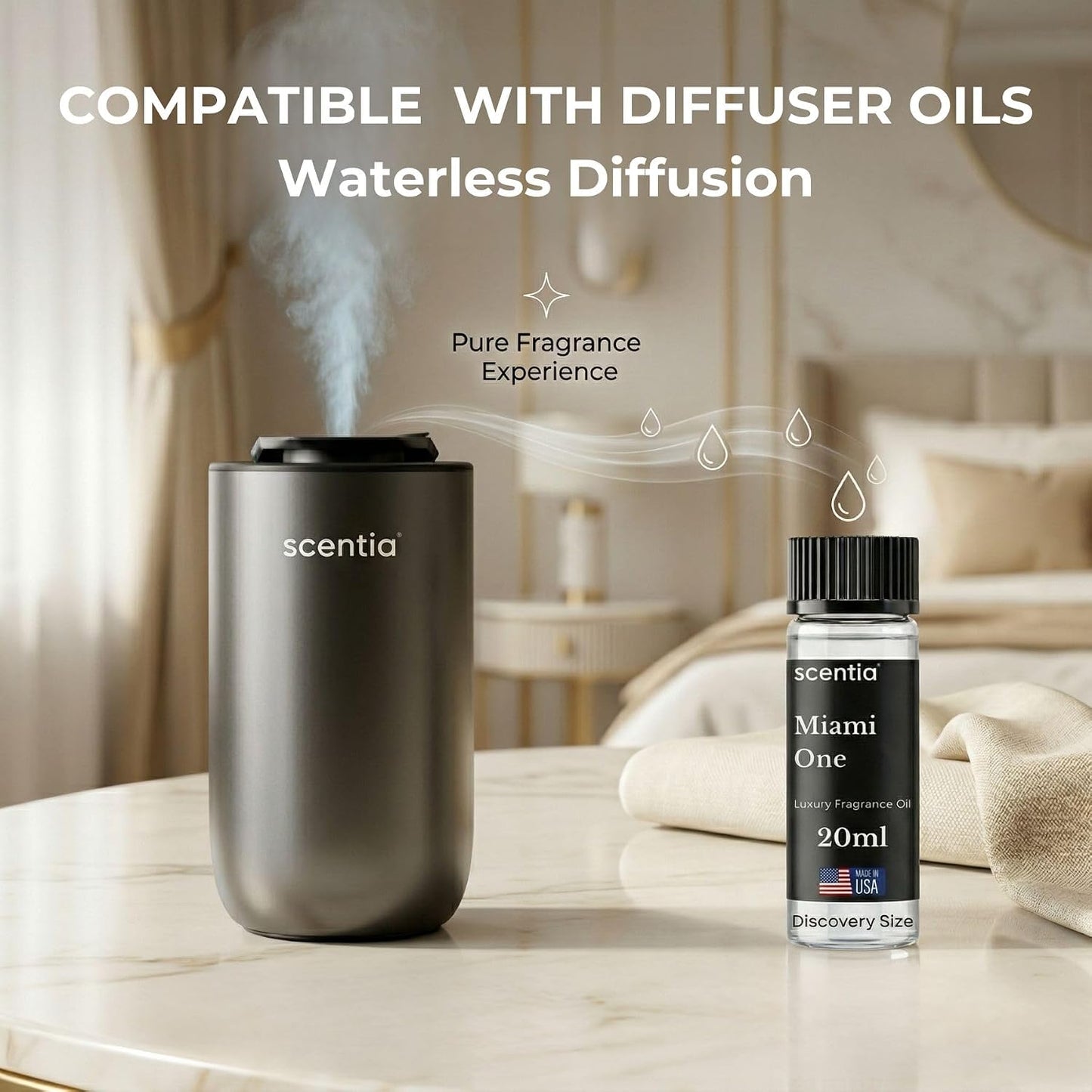 Scentia MiniPod Black Waterless Diffuser for Essential Oil, Smart Car Air Freshener with 3 Mist Levels & 3 LED Light Colors, Auto On/Off Rechargeable, Portable Scent Air Machine