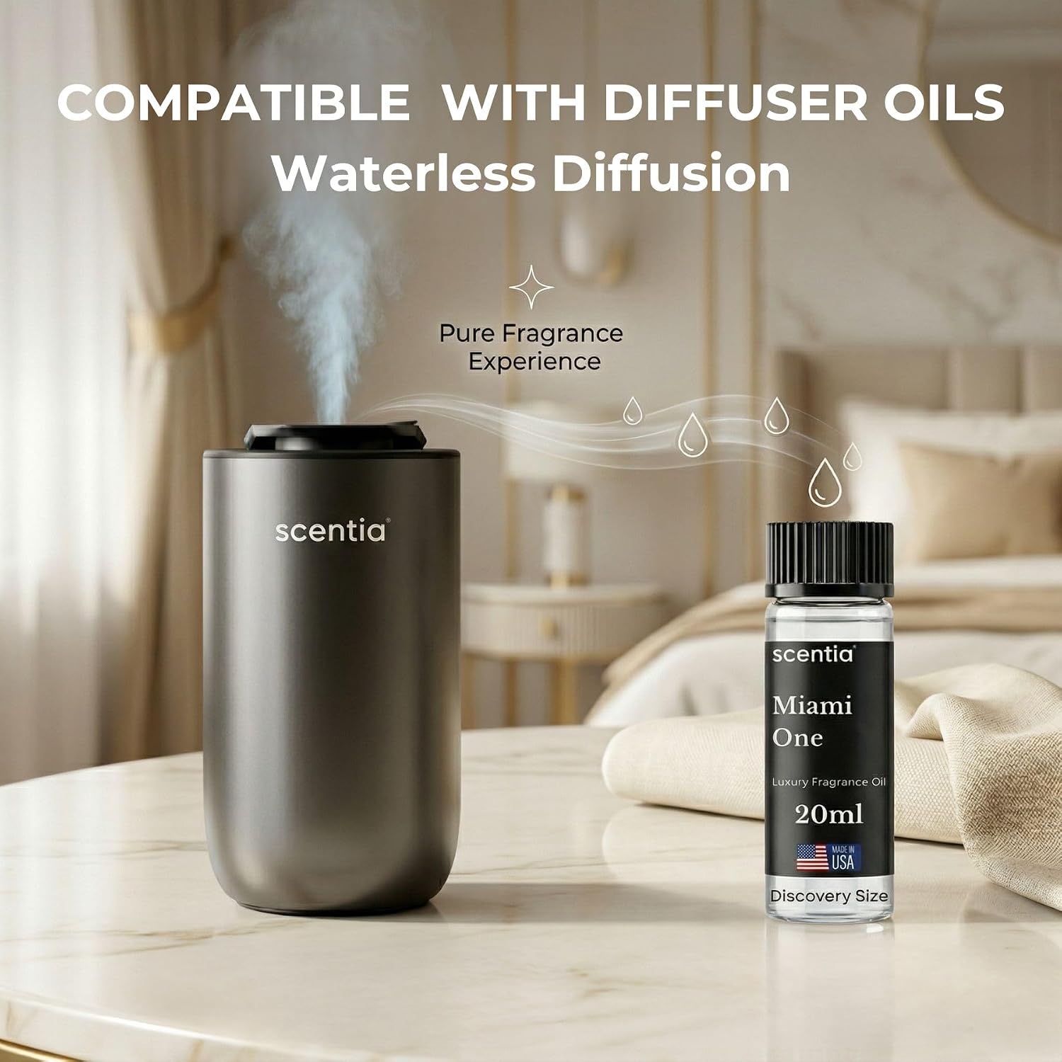 Scentia MiniPod Black Waterless Diffuser for Essential Oil, Smart Car Air Freshener with 3 Mist Levels & 3 LED Light Colors, Auto On/Off Rechargeable, Portable Scent Air Machine
