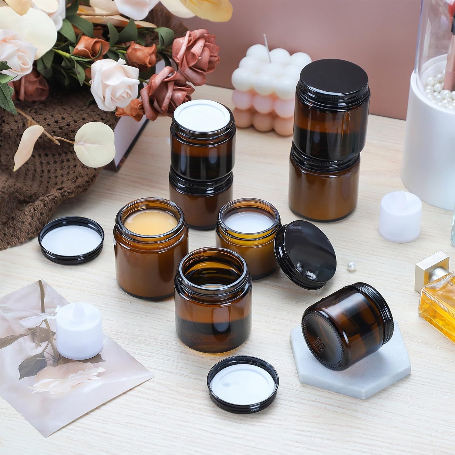 2oz Empty Amber Glass Jars with Lids 24 Pack Cosmetic Containers with Lids for Travel Lotion Cream Candle