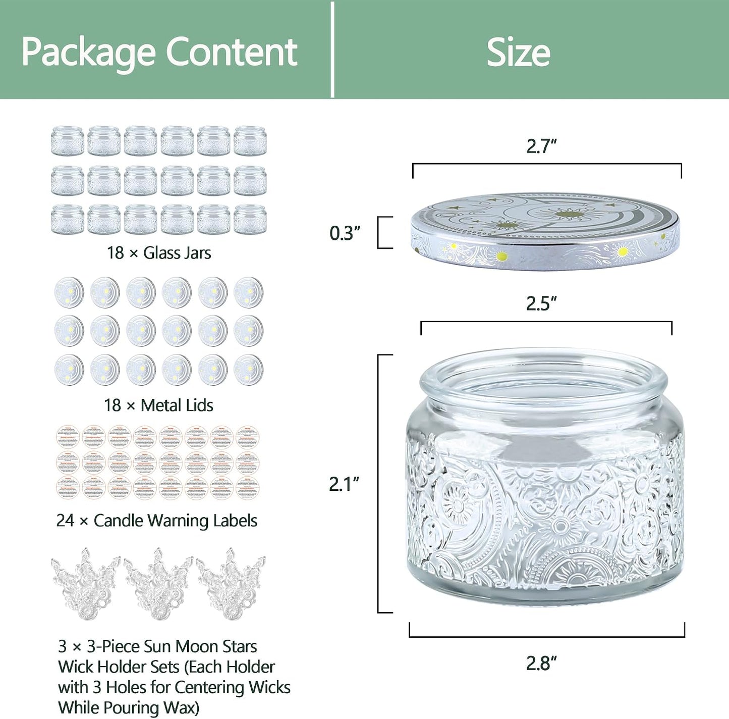 4 oz Clear Sun Moon Stars Candle Jars with Metal Lids, 18 Pack | Patented Embossed Design, Includes Wick Centering Devices & Warning Labels, Multiple Color Options