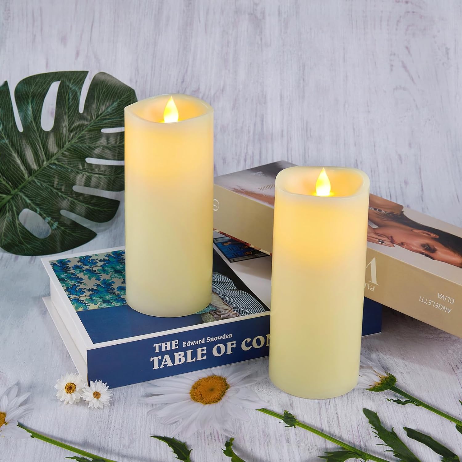 Enpornk 7” x 3” Flameless Candles, Flickering Moving Flame LED Candles, Battery Operated Candles with Remote and Timers, Ivory White, Set of 2