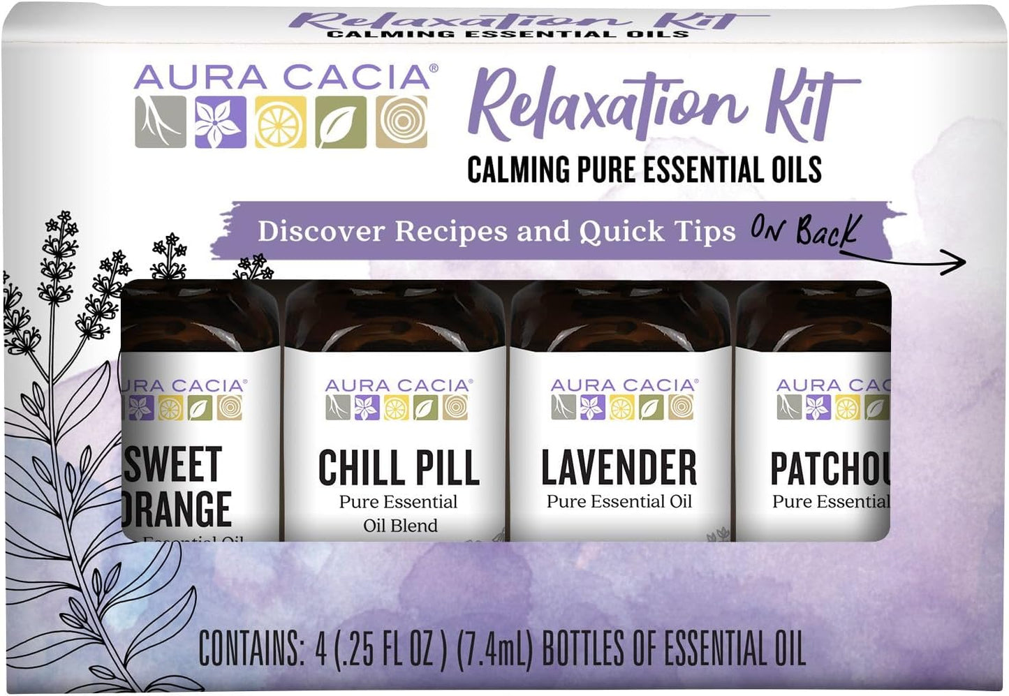 Aura Cacia Essential Oil Relaxation Kit, 4-Pack, Lavender, Patchouli, Sweet Orange, Chill Pill