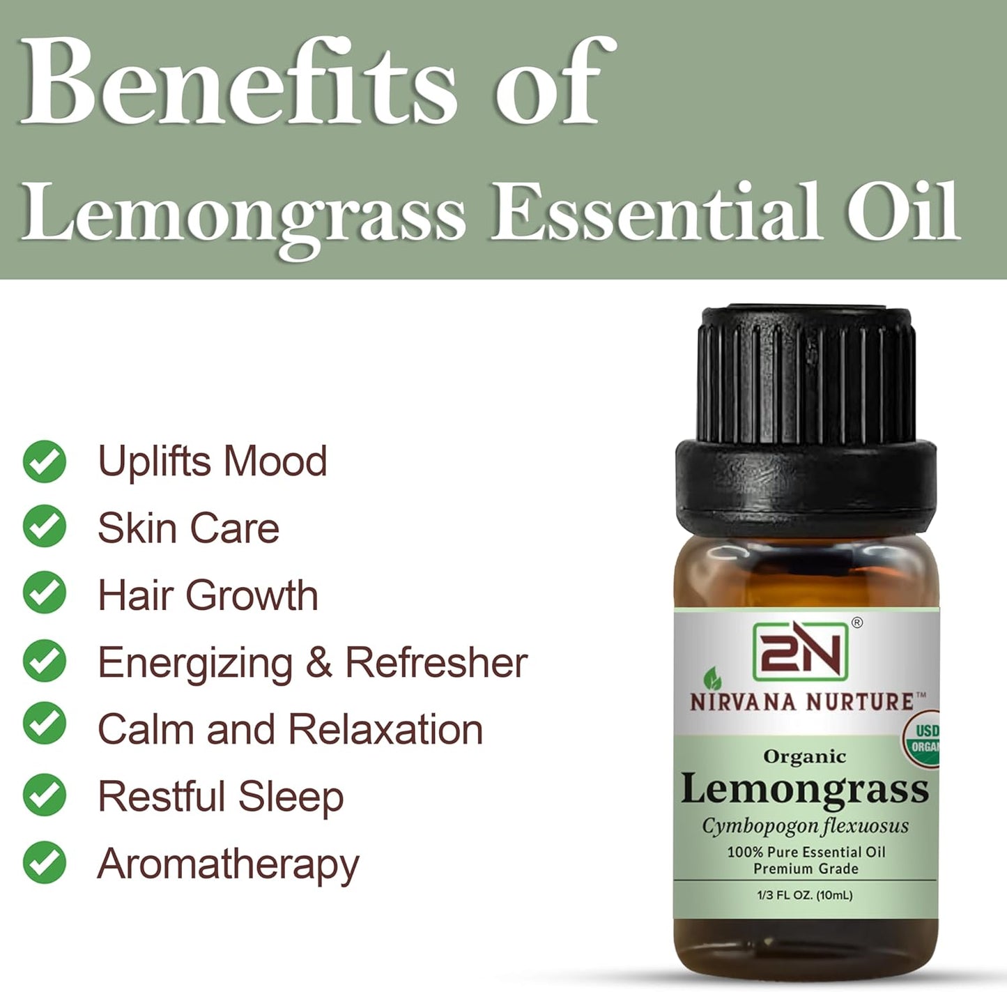 Lemongrass Essential Oil, USDA Certified Organic, 100% Pure Undiluted, Aromatherapy Oil for Diffuser, Hair & Skin Care
