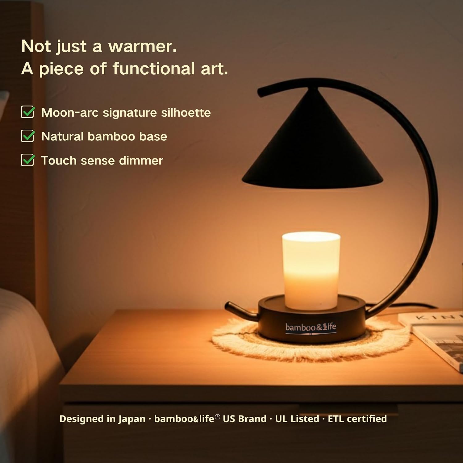 Moonlit TouchOn Candle Warmer,Eco-Luxury 5-Pc Gift Set incl. Fringe Mat&Wax Dish,Authentic Japan Design,Touch Dimmer,Real Bamboo Base,UL&ETL Certified,US Brand,Birthday&Housewarming Gift