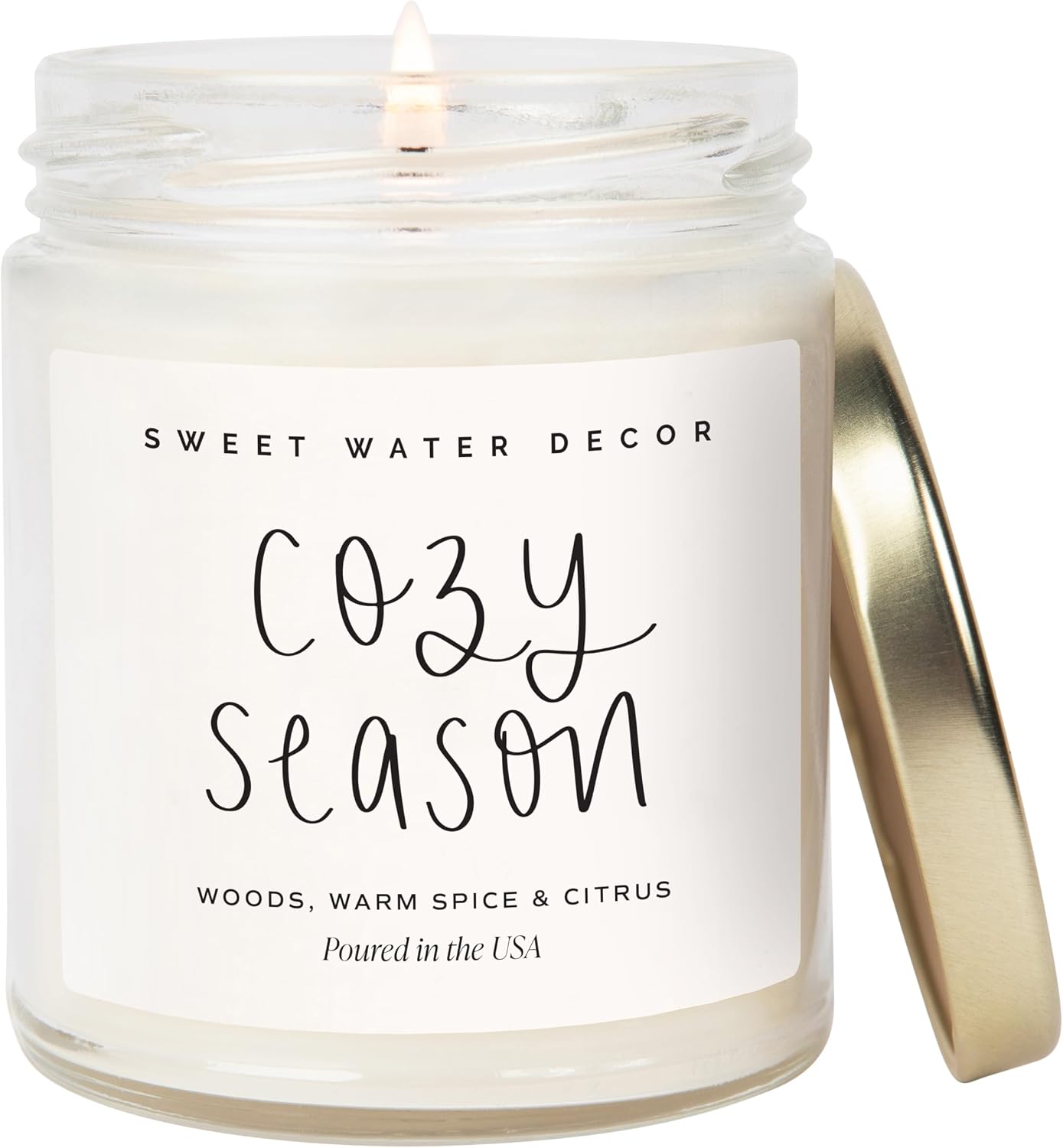 Sweet Water Decor Cozy Season Candle - Woods, Warm Spice, and Citrus Autumn Scented Soy Candles for Home - 9oz Clear Jar, 40 Hour Burn Time, Made in the USA