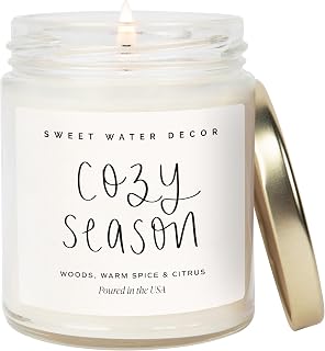 Sweet Water Decor Cozy Season Candle - Woods, Warm Spice, and Citrus Autumn Scented Soy Candles for Home - 9oz Clear Jar, 40 Hour Burn Time, Made in the USA