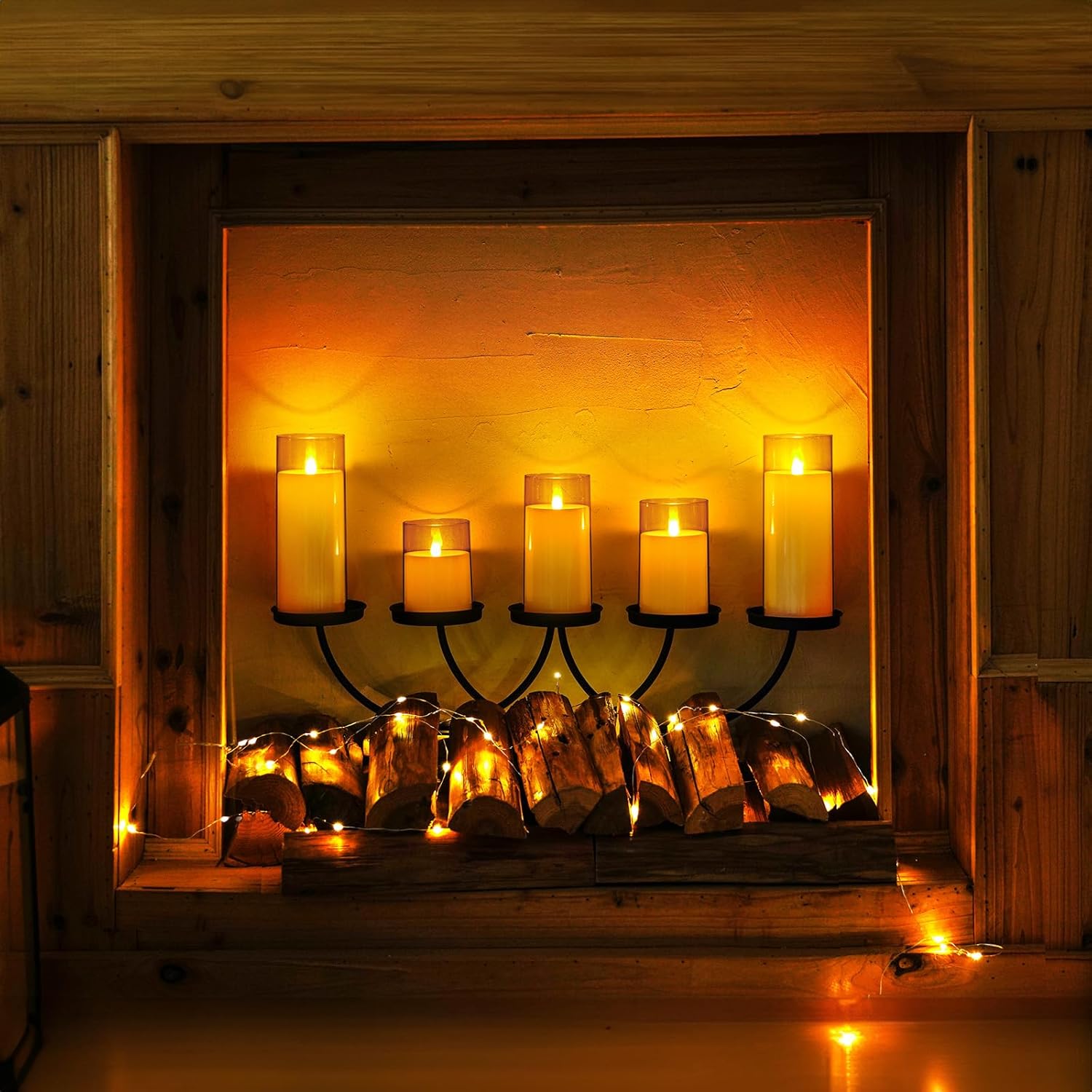 Homemory Amber Flickering Flameless Candles, Battery Operated Acrylic LED Pillar Candles with Remote Control and Timer, Fall Candles, Set of 5