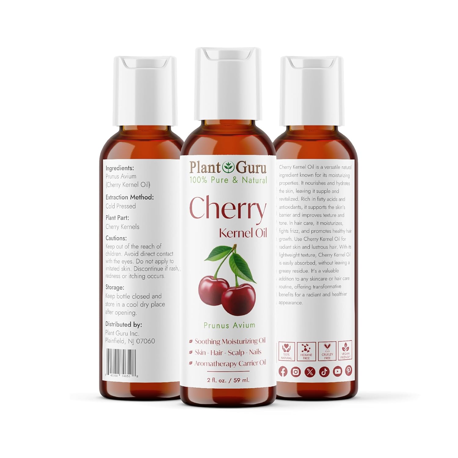 Plant Guru Cherry Kernel Oil 2 fl. oz. Cold Pressed 100% Pure & Natural Carrier – Skin, Face, Body & Hair Growth Moisturizer. Great for DIY Creams, Lotions, and Lip Balms.