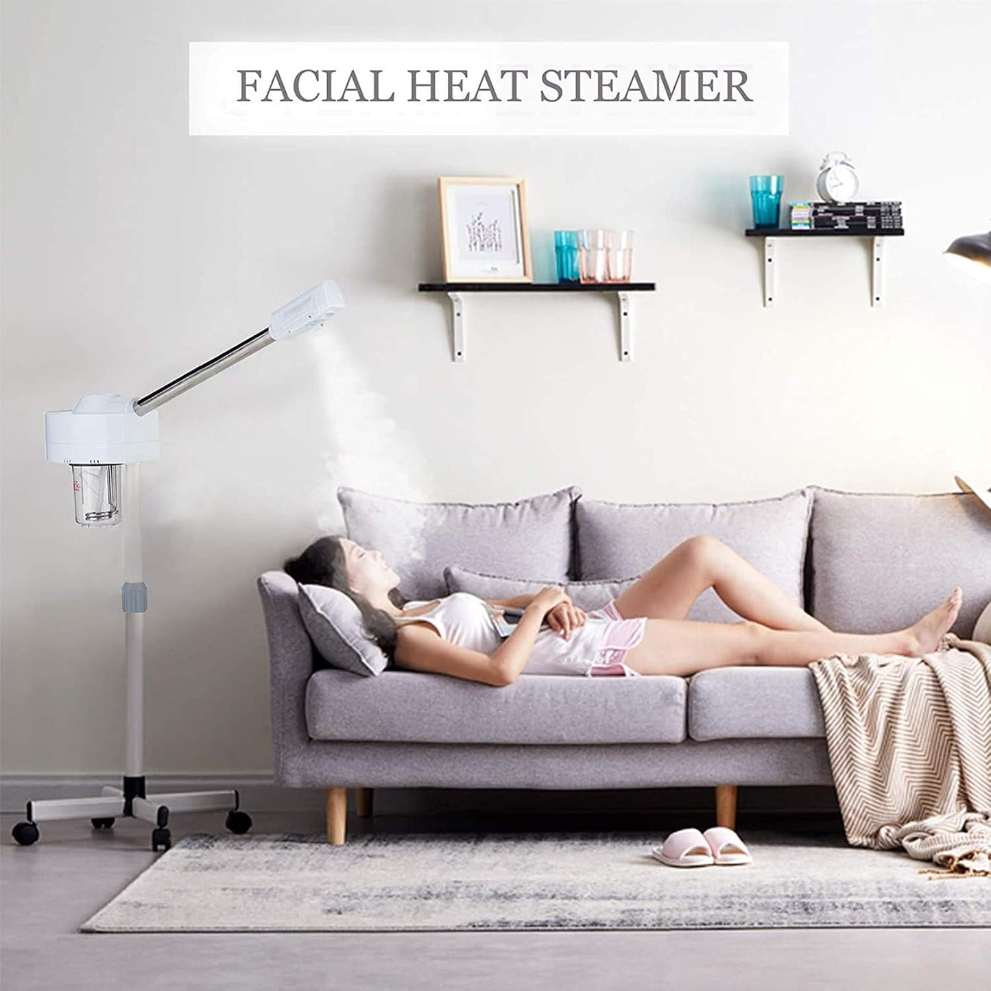 Ozone Professional Facial Steamer with with Ionic Warm Mist Serum Absorption Deep Clean Tighten Skin Care Aromatherapy Facial Steamer Adjustable Height and Rolling Wheels