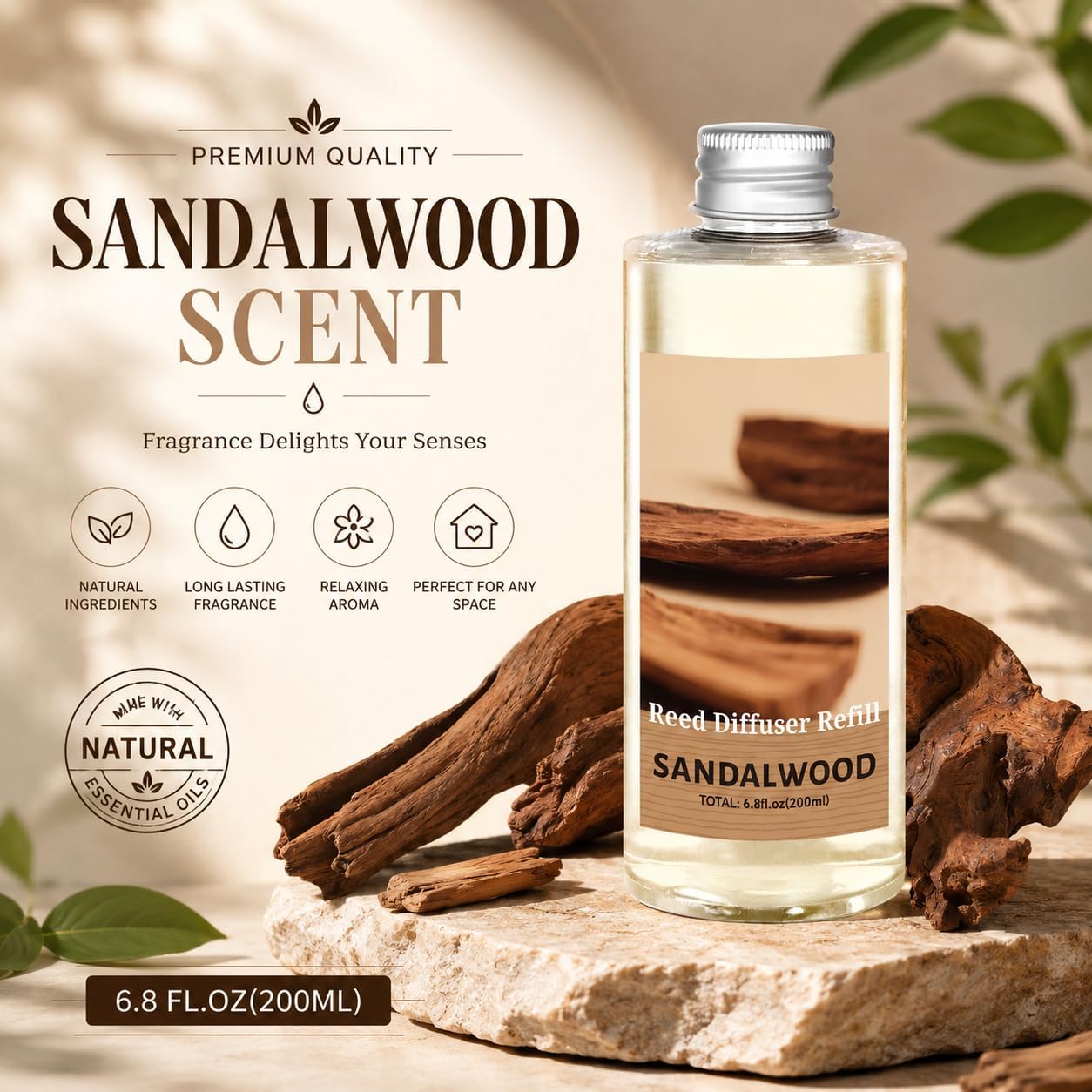 STRN Reed Diffuser Oil Refill, Sandalwood Scented Diffuser Oil Refills with 6 Reed Sticks 200ML(6.8fl.oz), Summer Long-Lasting Fragrance for Living Room, Bedroom, Office, Home Décor