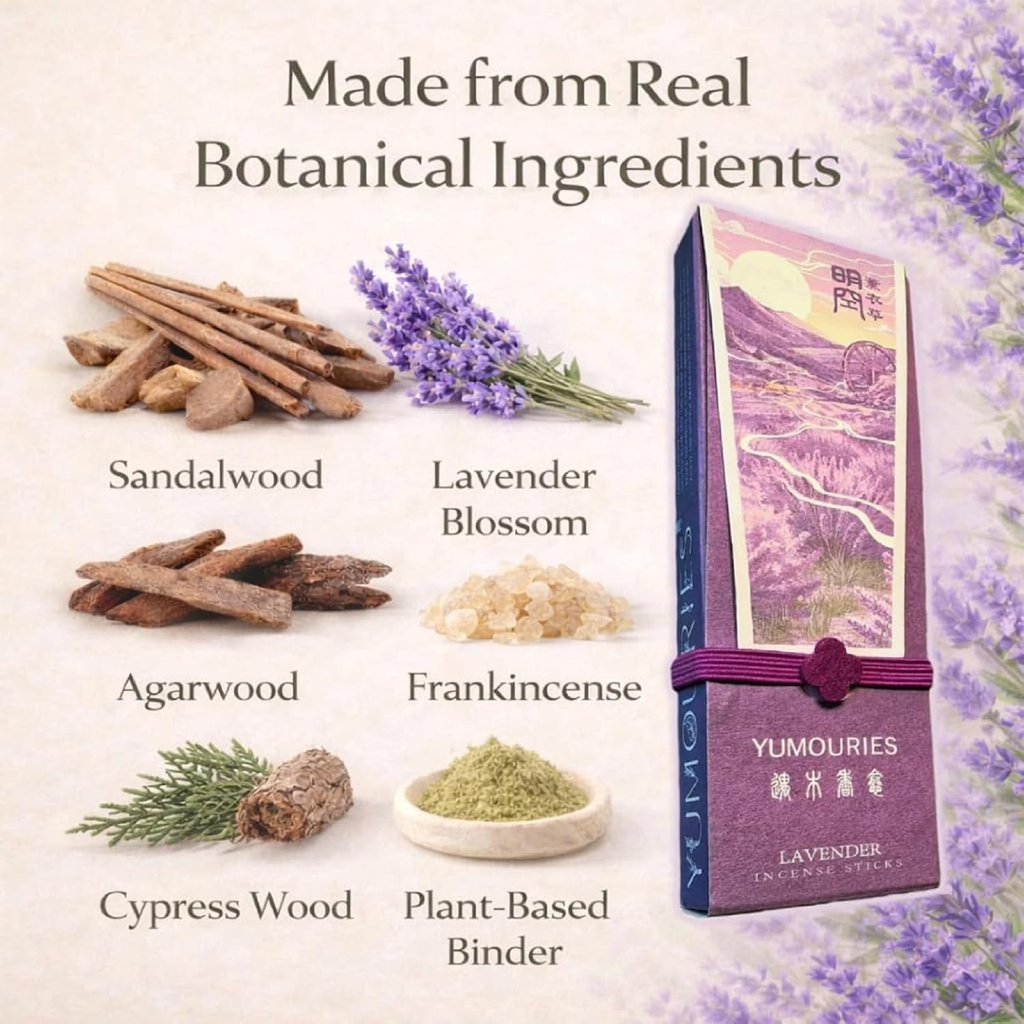 Lavender Incense Sticks 30g · Non-Toxic · Low Smoke for Sleep | Soothing sandalwood, agarwood with frankincense. No bamboo core. 20-min burn. Ideal for meditation & anxiety relief