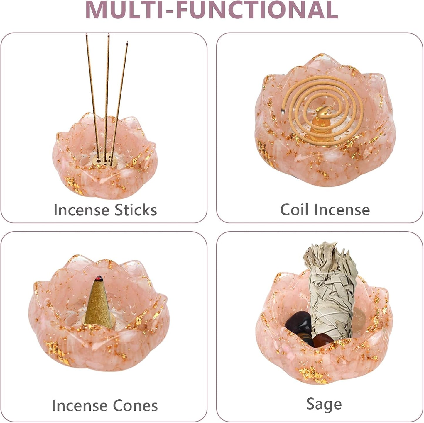 Crystal Lotus Bowl Incense Holder Set with Crushed Crystal Resin Bowl, Decorative Stones, Incense Sticks, Velvet Pouch, Gift Box, 3.0x3.0x1.55 Inch (Pink)