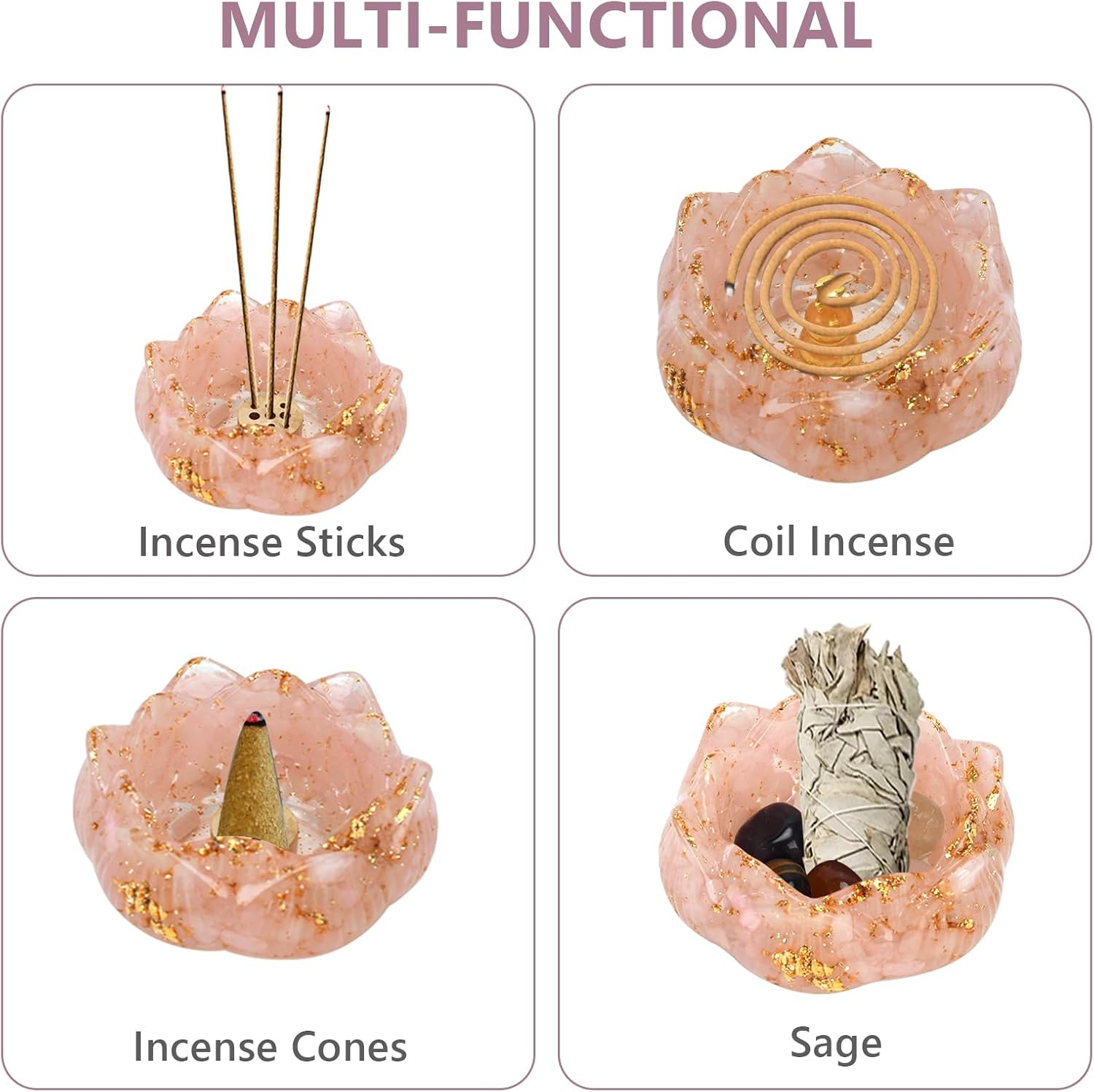 Crystal Lotus Bowl Incense Holder Set with Crushed Crystal Resin Bowl, Decorative Stones, Incense Sticks, Velvet Pouch, Gift Box, 3.0x3.0x1.55 Inch (Pink)