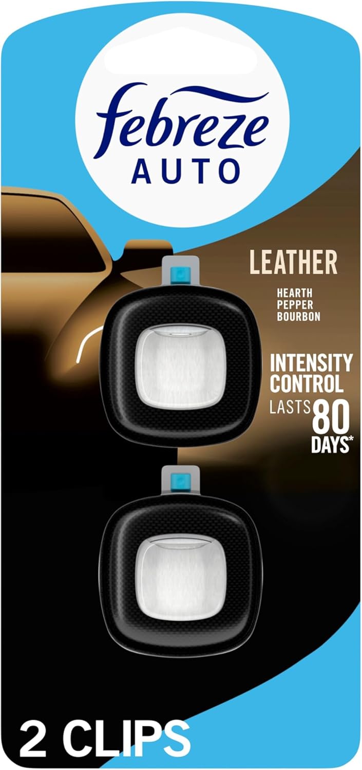 Febreze AUTO Air Freshener, Odor-Fighting Automotive Vent Clip, Scented Car Accessories, Long Lasting for Strong Odors, Leather, 2 Count