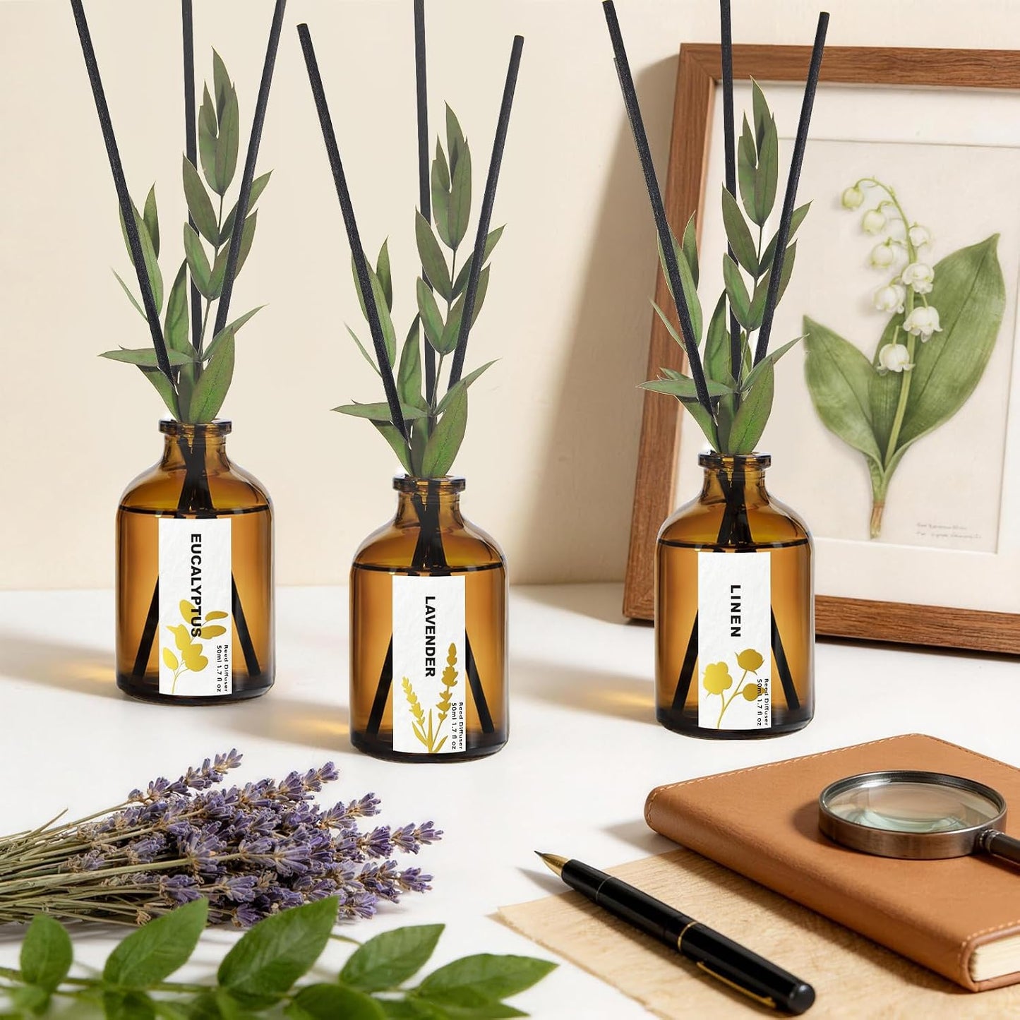 Reed Diffuser Set of 3, Eucalyptus, Linen & Lavender Scented Oil Diffusers with 15 Reeds, Long-Lasting Home Fragrance for Bedroom & Bathroom Decor, 1.7 fl oz Each, Total 5.1 oz