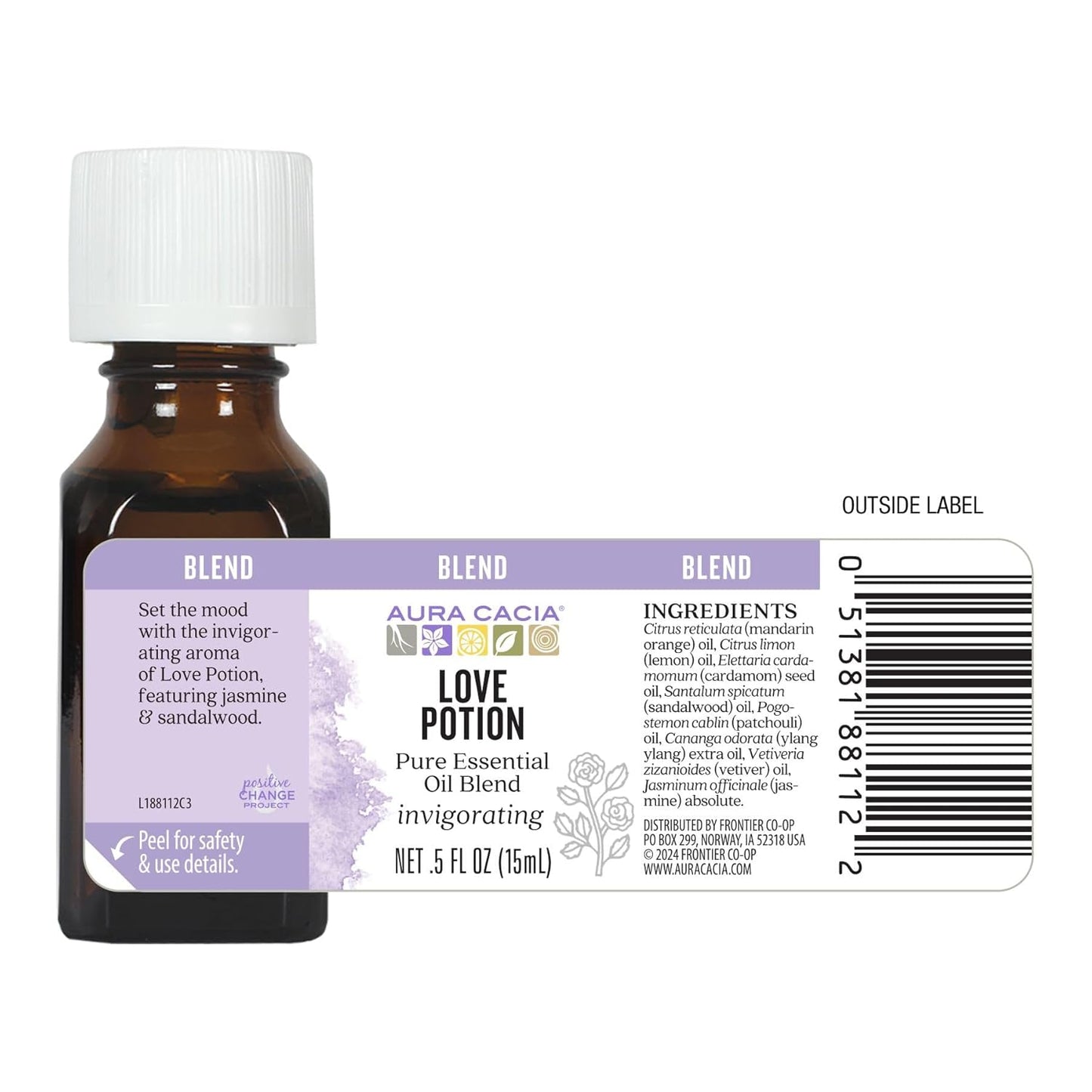 Aura Cacia Love Potion Essential Oil Blend | Romantic Aromatherapy with Jasmine, Ylang-Ylang, Sandalwood, Patchouli, Mandarin, Lemon, Cardamom, Vetiver | 0.5 Fl Oz (Pack of 1)