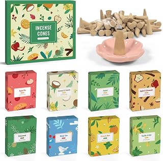 STRN Incense Cones 120 Scented Cones for All Seasons, Assorted Cone Incense Scents with Incense Holder, Vanilla Mint Coconut Cedarwood Apple Pie Forest Citrus Cinnamon