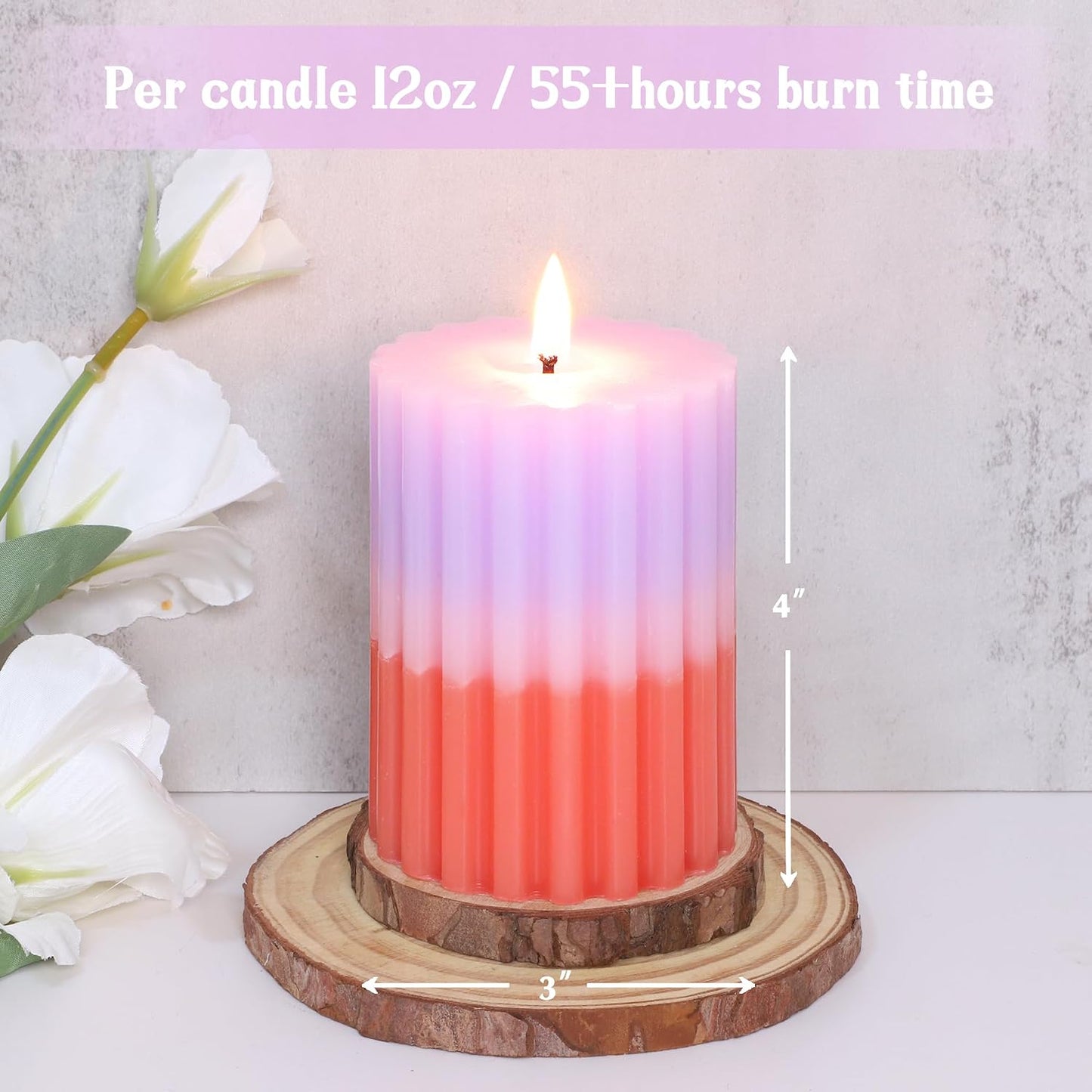 Ribbed Pillar Candles Purple Coral Gradient Vanilla Scented 3x4 Inch Candle Handmade Striped Aesthetic Retro Textured Pillar Candle for Boho Home Decor, Coffee Table, Weddings Party, 3-Pack