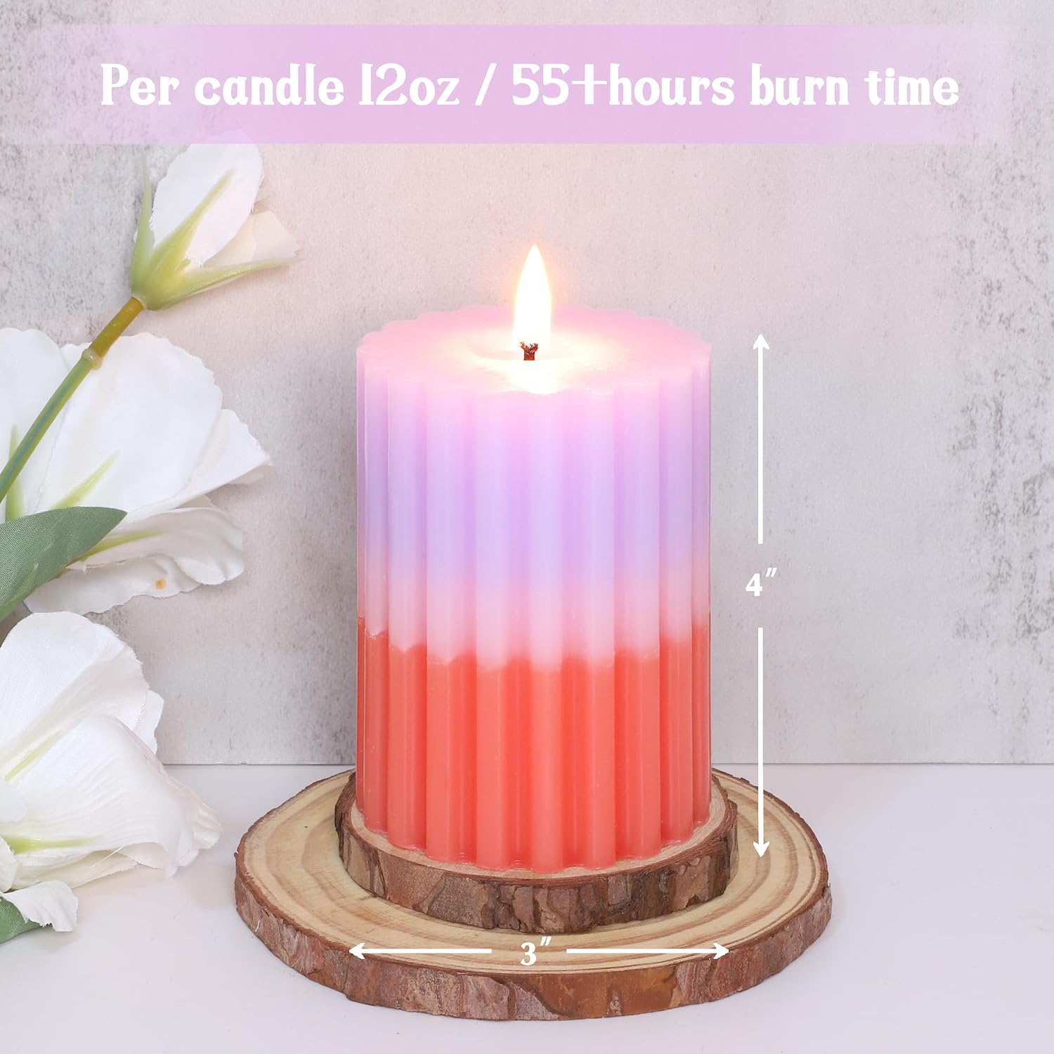 Ribbed Pillar Candles Purple Coral Gradient Vanilla Scented 3x4 Inch Candle Handmade Striped Aesthetic Retro Textured Pillar Candle for Boho Home Decor, Coffee Table, Weddings Party, 3-Pack