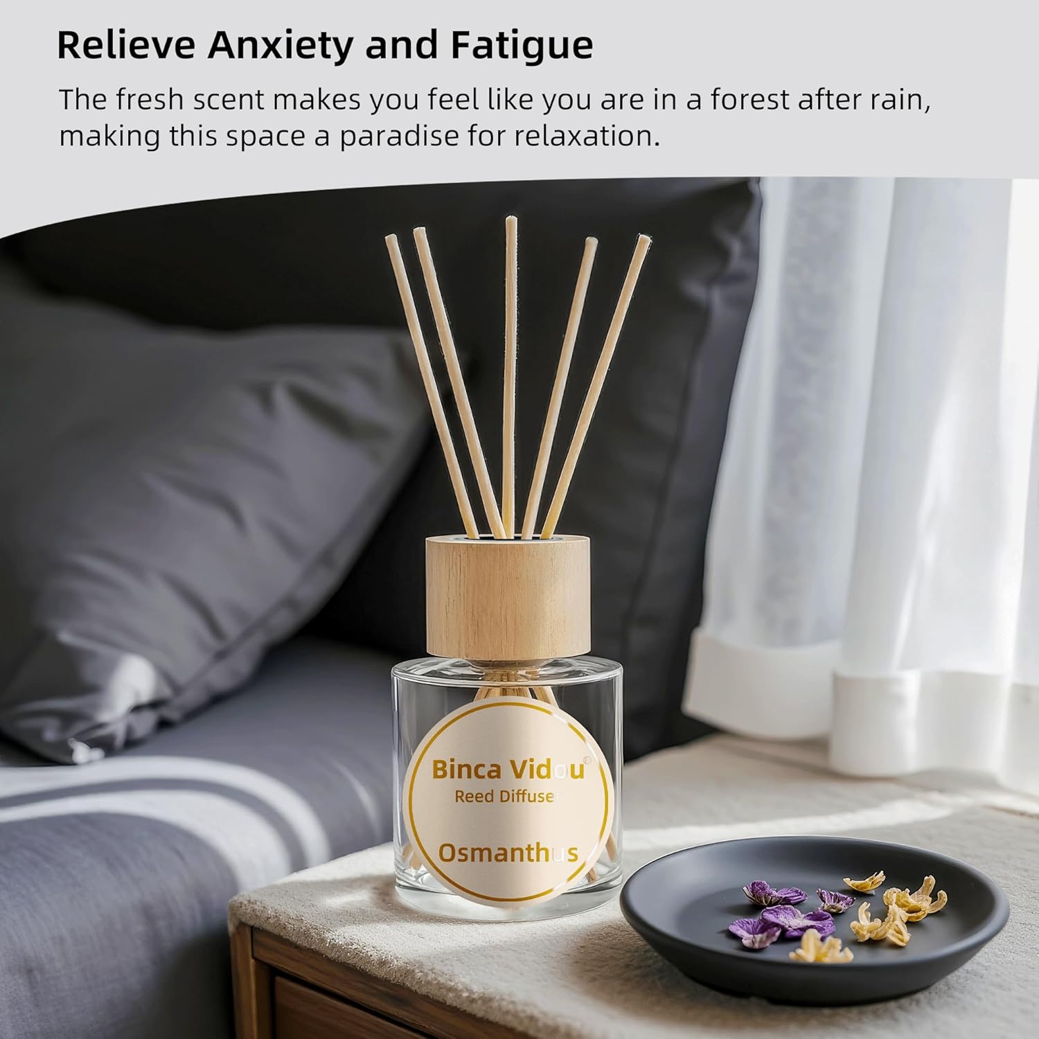 Reed Diffuser Set, Binca Vidou Lavender & Osmanthus Natural Perfume Scent Oil Diffusers with Sticks & Spray Bottle for Home Office Bathroom Aromatherapy Decor 1.69oz x 2