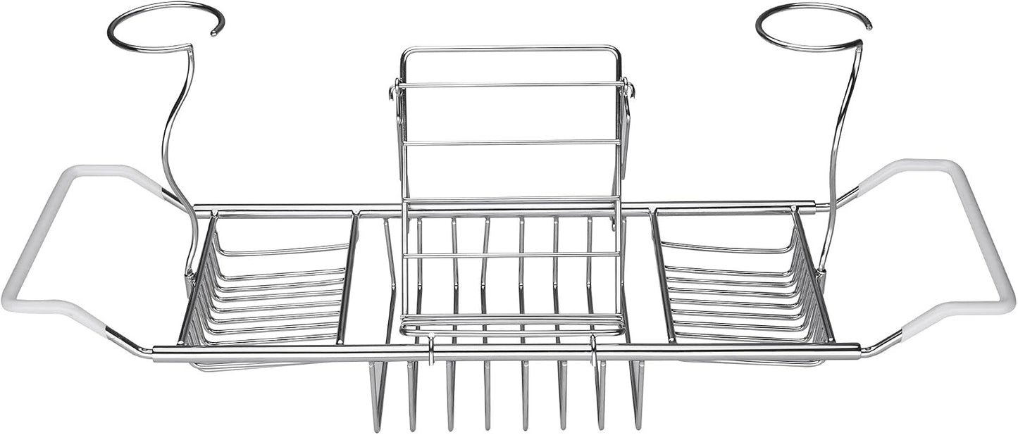 iPEGTOP Stainless Steel Bathtub Caddy Tray - Over Bath Tub Racks Shower Organizer with Extending Sides, Removable Wine Glass Book Holder