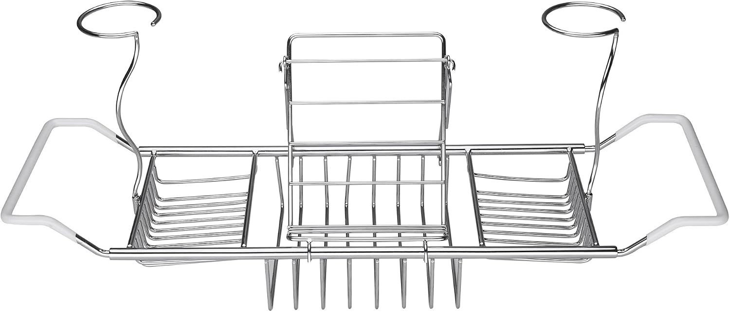 iPEGTOP Stainless Steel Bathtub Caddy Tray - Over Bath Tub Racks Shower Organizer with Extending Sides, Removable Wine Glass Book Holder