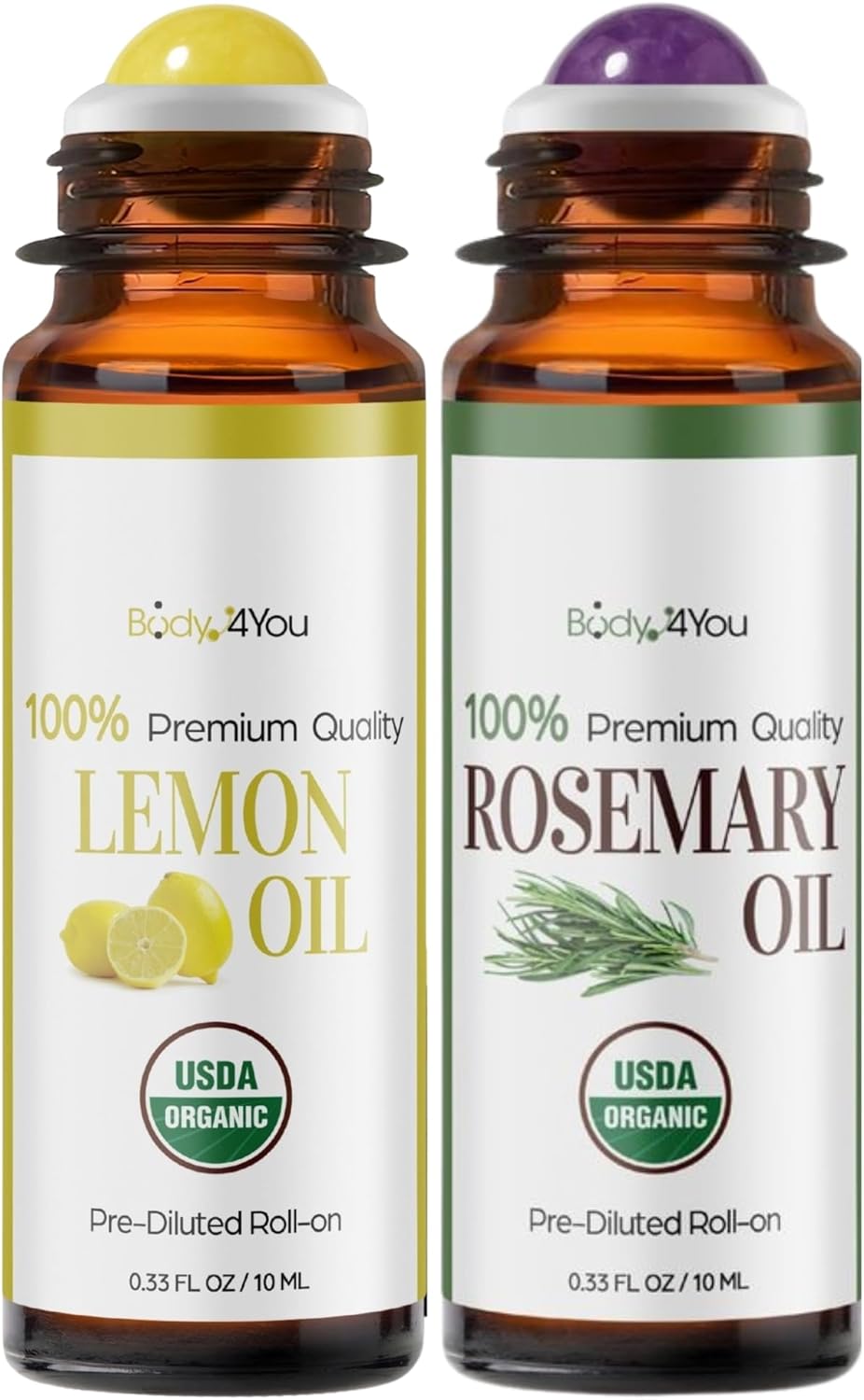 BodyJ4You Lemon + Rosemary Essential Oil Roll On Duo - Pure 100% USDA Organic MCT Coconut Oil - Natural Yellow Jade and Amethyst Stone Rollers - Uplift Focus Scalp Care Wrist Neck Temples - Amber Glas