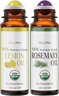 BodyJ4You Lemon + Rosemary Essential Oil Roll On Duo - Pure 100% USDA Organic MCT Coconut Oil - Natural Yellow Jade and Amethyst Stone Rollers - Uplift Focus Scalp Care Wrist Neck Temples - Amber Glas