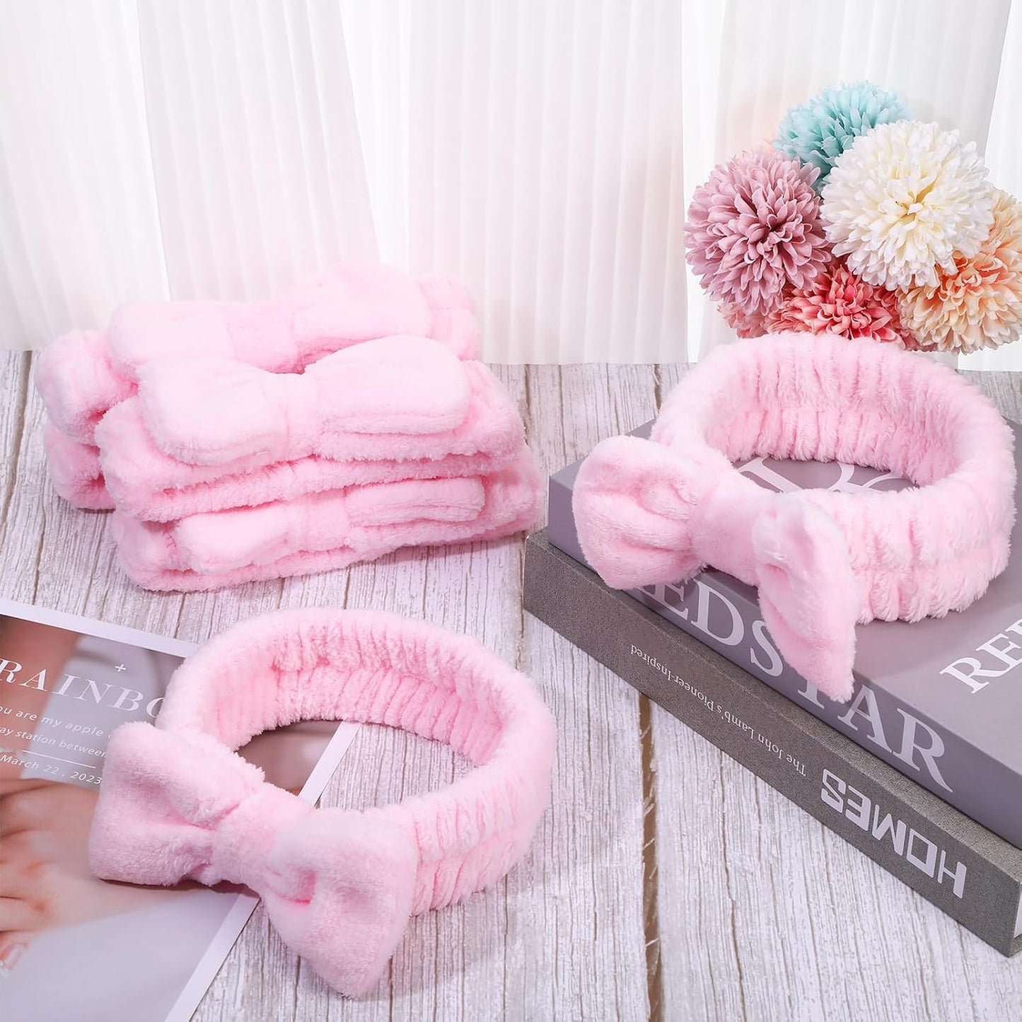 12Pcs Pink Spa Headband Soft Coral Fleece, Makeup Headband Spa Headbands for Washing Face Pink Bow Skincare Headbands Elastic Party Favors, Washable for Makeup, Skincare Washing Face