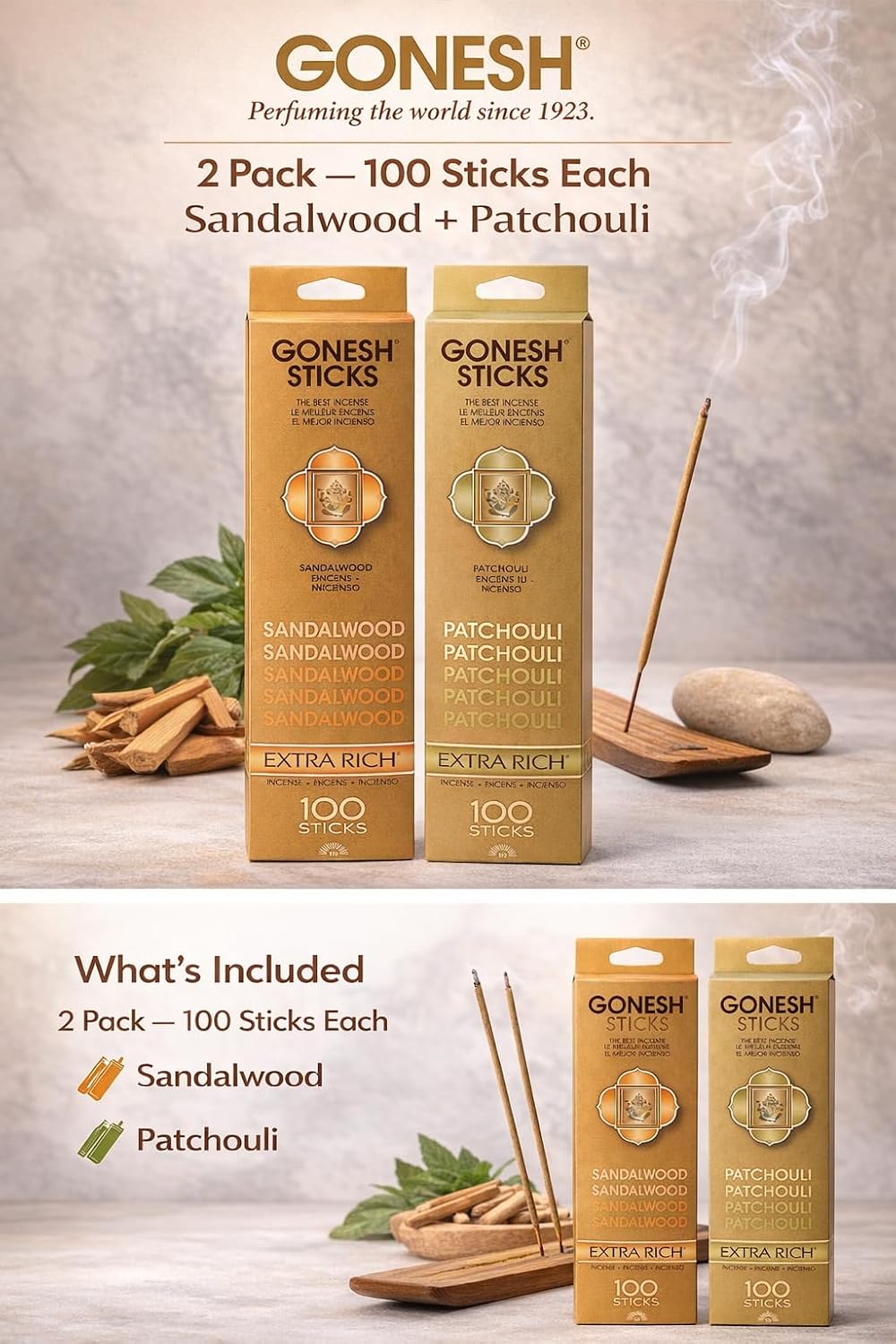 Gonesh Extra Rich Incense Sticks Bundle, Sandalwood & Patchouli, 100 Sticks Each, 2 Pack