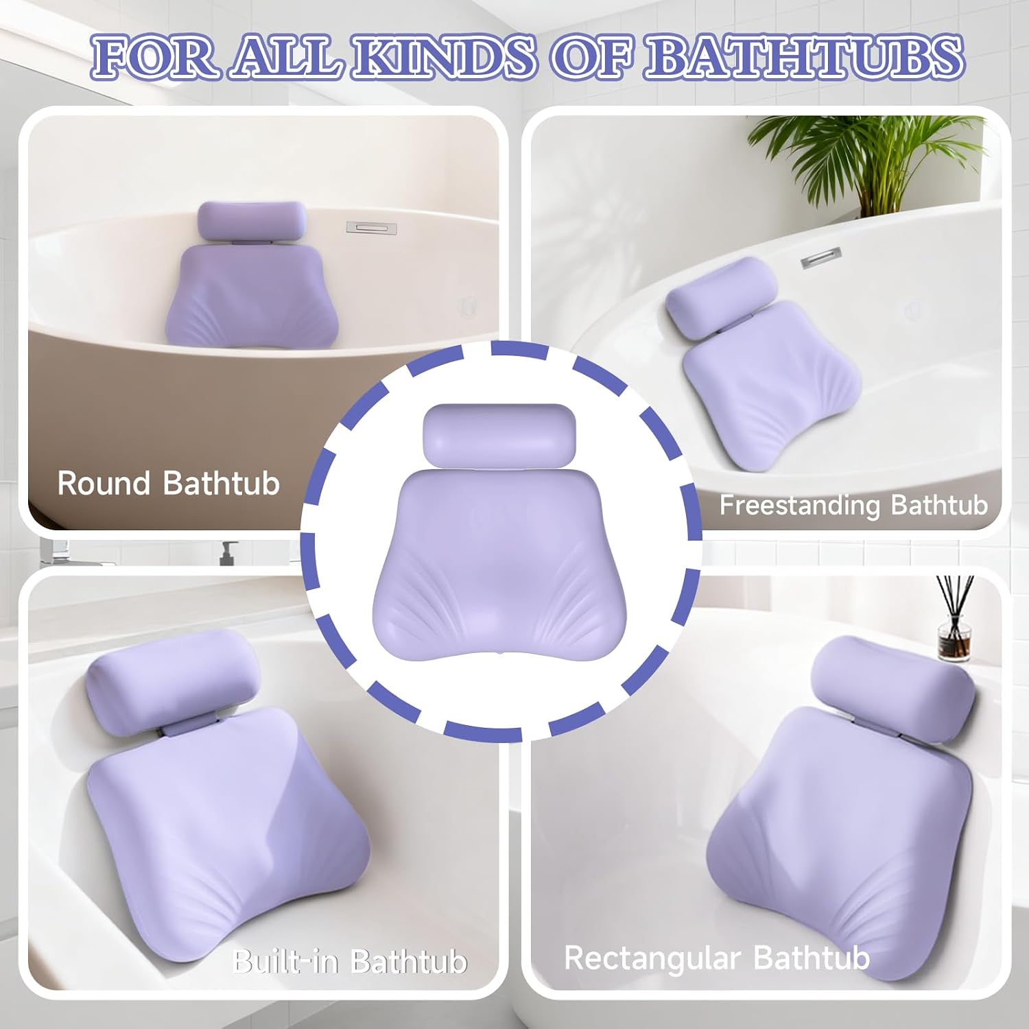 Silicone Bath Pillow, Upgraded Bath Pillows for Tub, Adjustable Height Bathtub Pillow for Head and Neck, 4D Luxury Tub Pillow Skin-Friendly Large Suction Cups Stability, Spa Relaxation-Purple