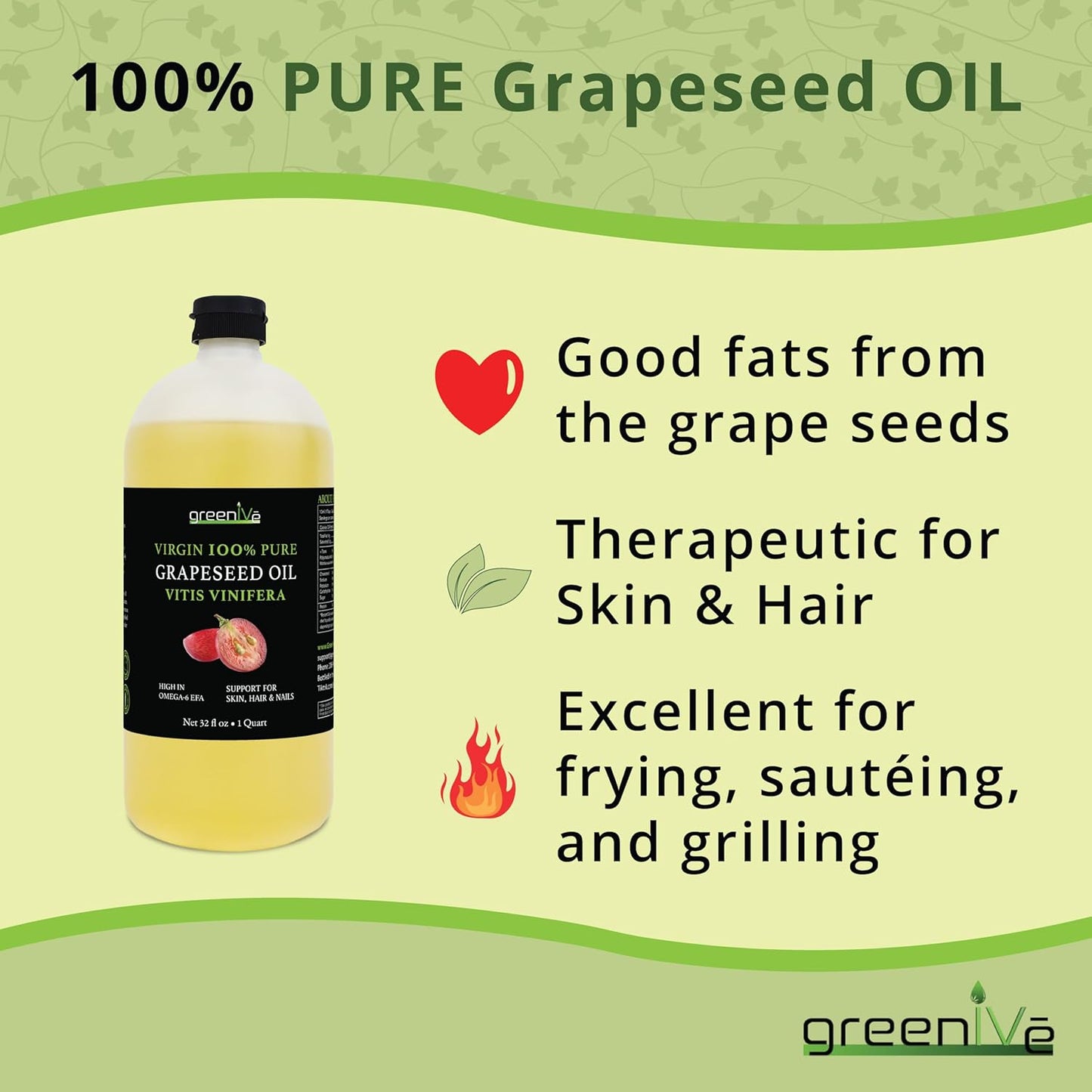 GreenIVe Grapeseed Oil Naturally Grown 100% Pure Cold Pressed Light Flavor High Tempurature Cooking 32oz