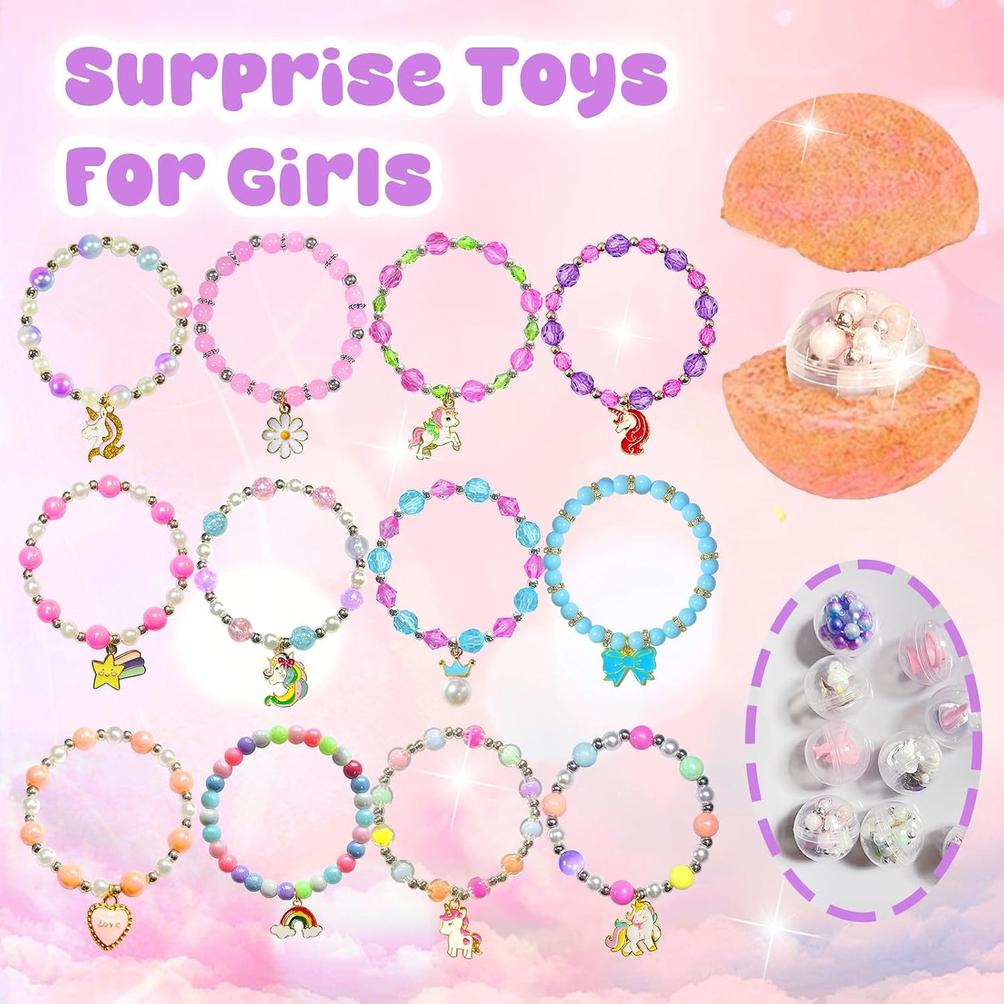 Bath Bombs for Kids Girls with Surprise Toys Inside, Bath Bombs with Jewelry Toys, Birthday Gifts for Girls 4 5 6 7 8 Years Old, Daughter Granddaughter, Handmade Bubble Fizzy Bath Ball with Bracelet