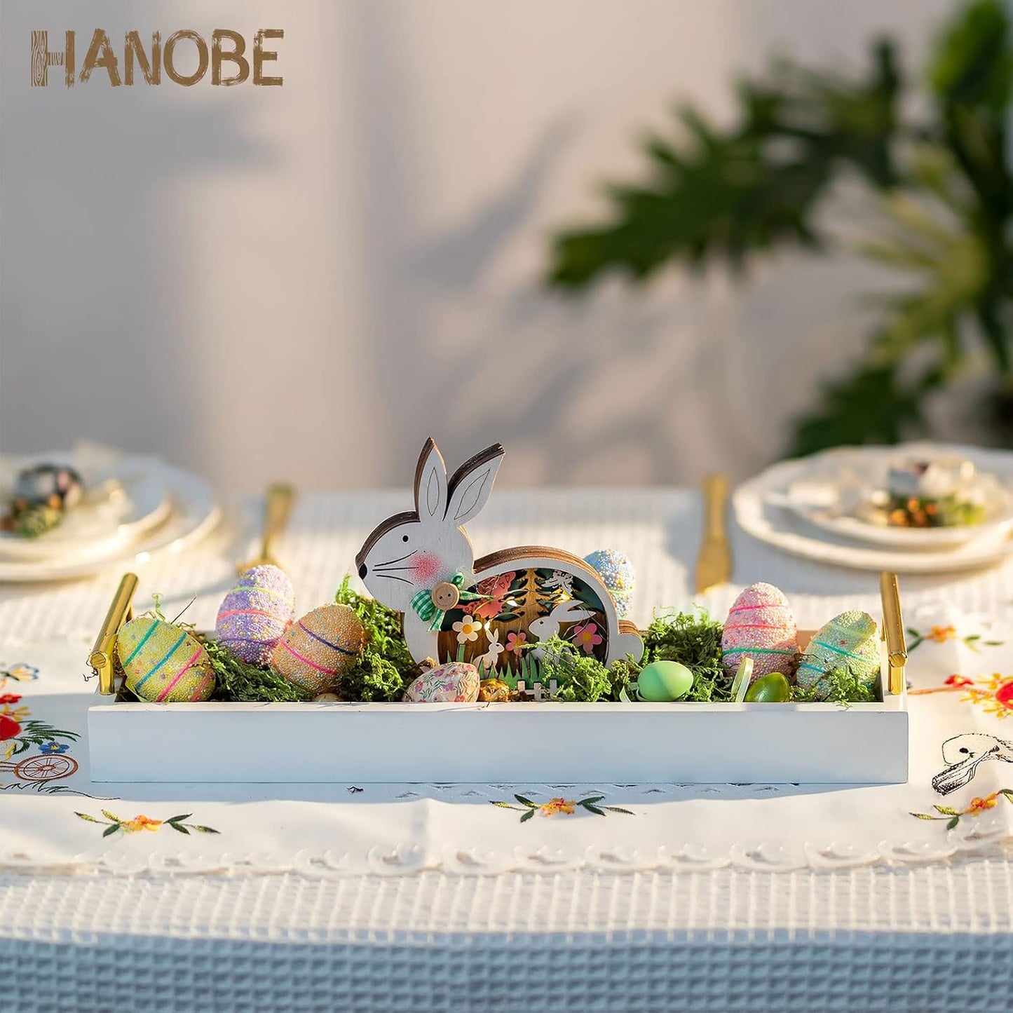 Hanobe Long Tray for Table Centerpiece: Decorative Narrow Trays Wooden Candle Holder - Centerpiece Tray with Handles for Home Decor Dining Table Coffee Bar Living Room,White