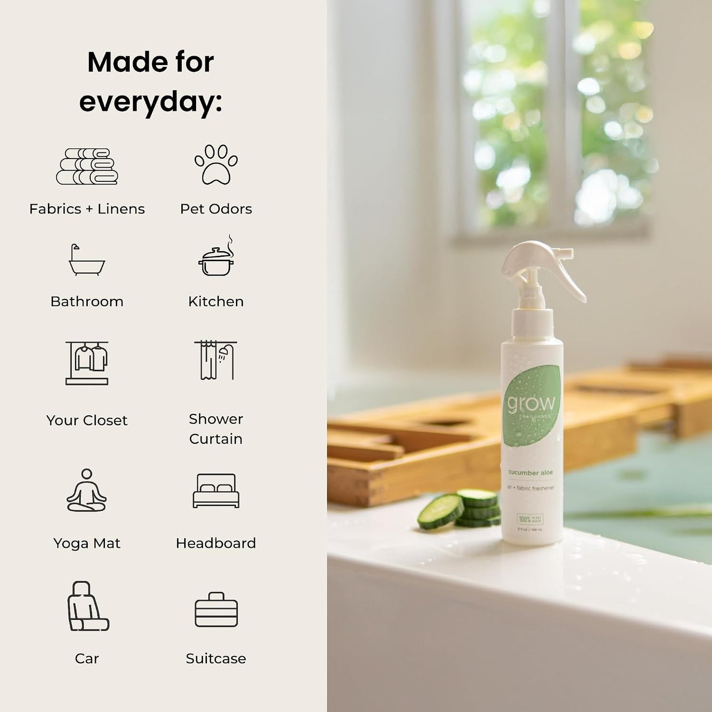 Grow Fragrance Certified Non Toxic, 100% Plant Based Fabric and Room Air Freshener Spray. Made with All Natural Essential Oils (Cucumber Aloe 2 Pack) 2 x 5oz