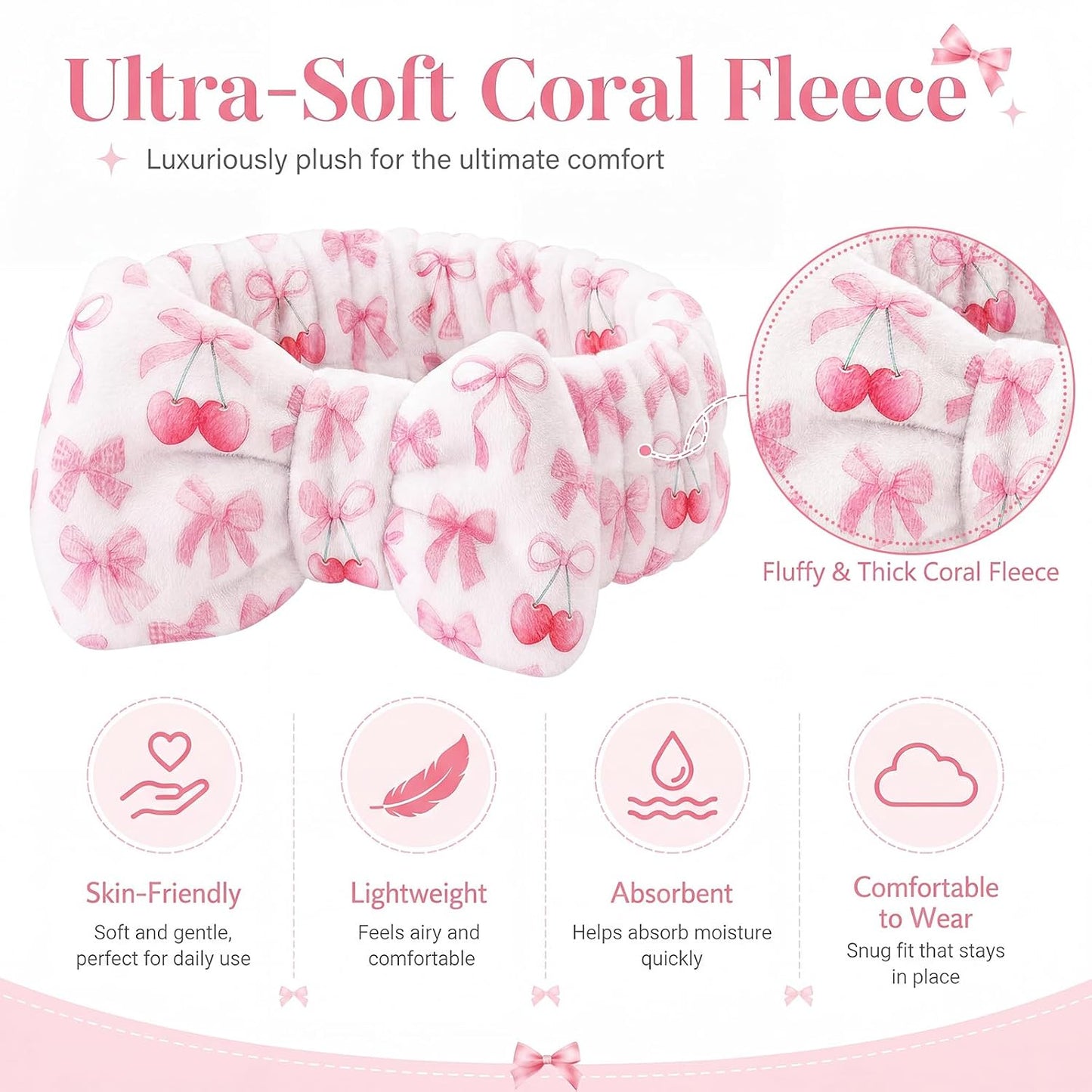 Cuffbow 6 Pcs Pink Bow Spa Headbands for Women Cute Coral Fleece Makeup Headband Set Soft Facial Hair Bands for Washing Face Skincare Shower Spa Party Favors Teen Girls Gifts Daily Use Adults