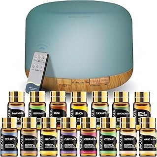 SACATR 500ml Essential Oil Diffuser with 15 Essential Oils, Ultrasonic Cool Mist Humidifier, Remote Control, 4 Timers, 15 Color Lights, Auto Shut-Off