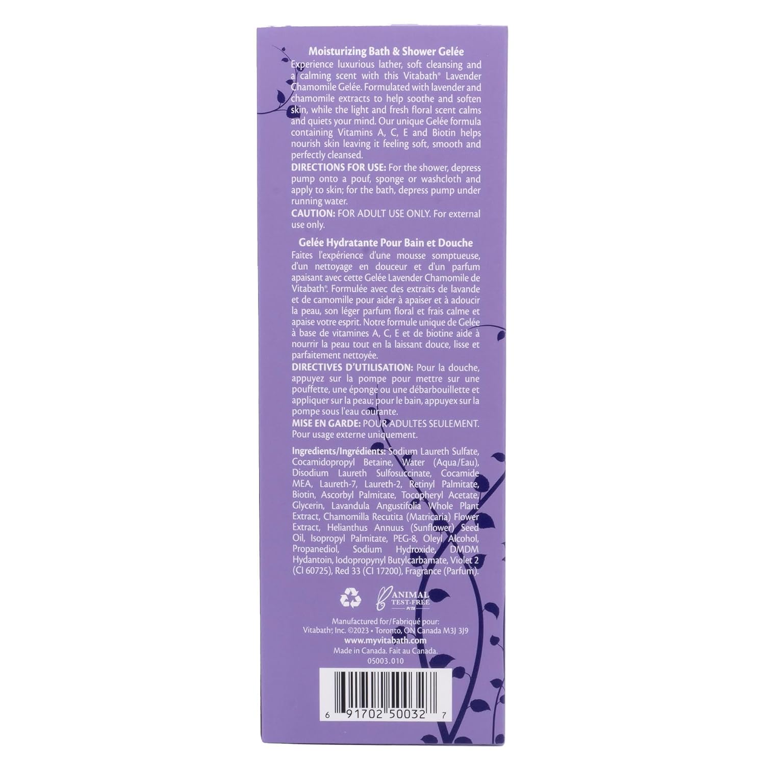 Vitabath Lavender Chamomile Moisturizing Bath & Shower Gel Wash Calming & Hydrating Botanical Skin-Softening Skincare, Body Cleanser & Foaming Gelee - 21 oz